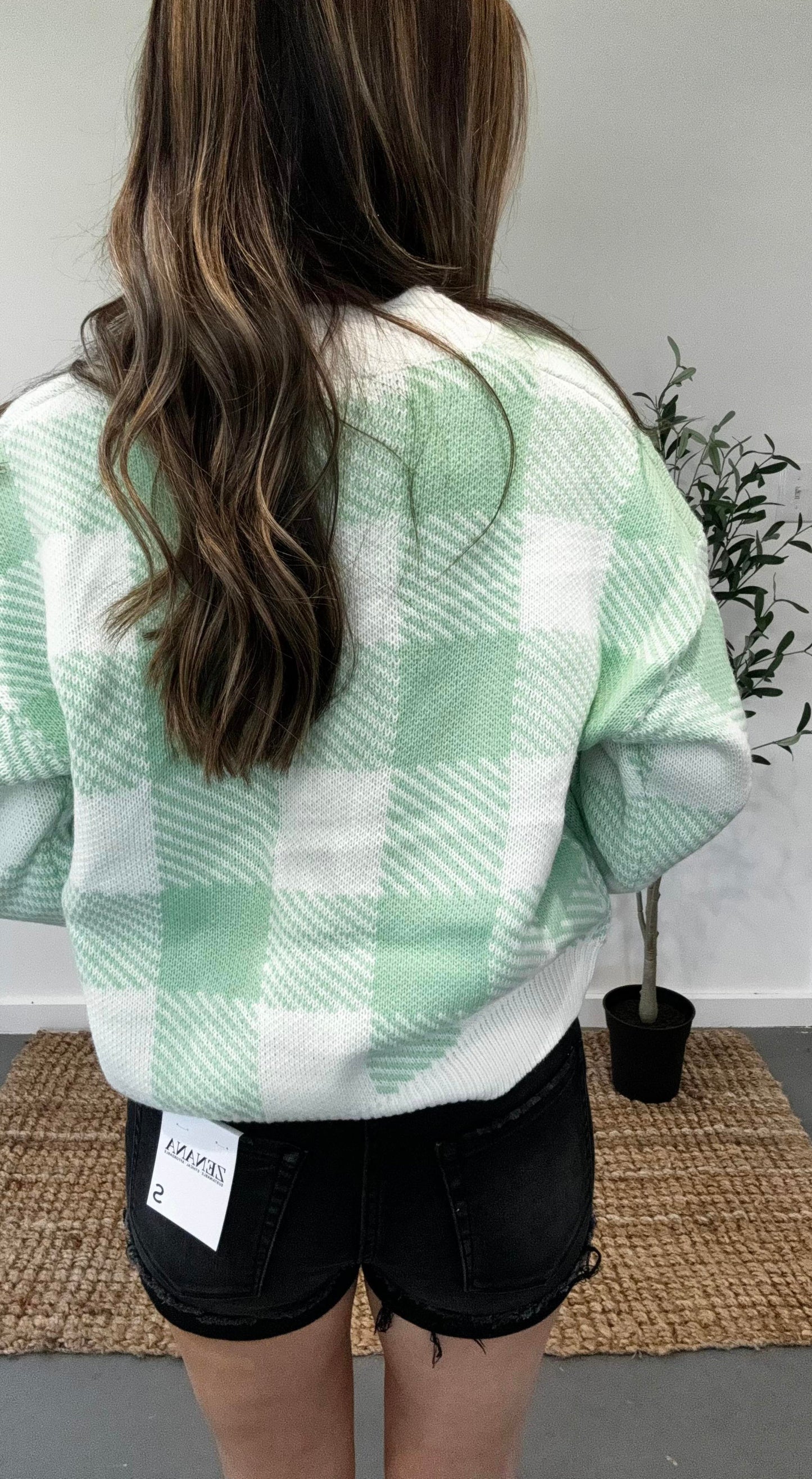 Pistachio Green & White Checkered Cardigan