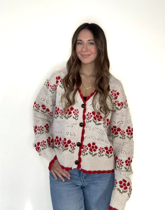 Oatmeal Floral Graphic Detail Knit Sweater Cardigan