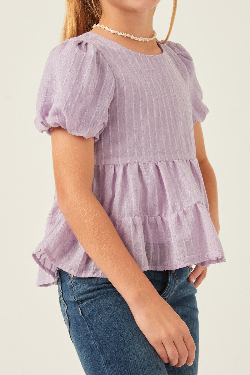 Girls Lavender Textured Stripe Puff Sleeve Tiered Top (Sizes S-XL)