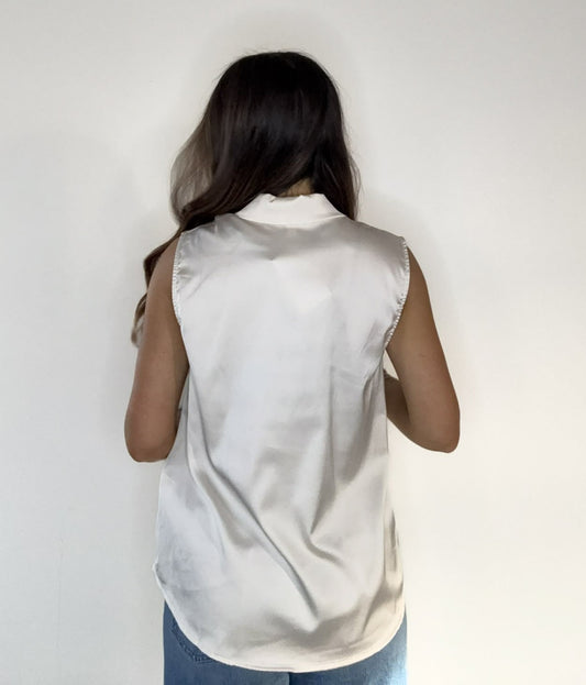 Champagne Satin Collared Sleeveless Blouse