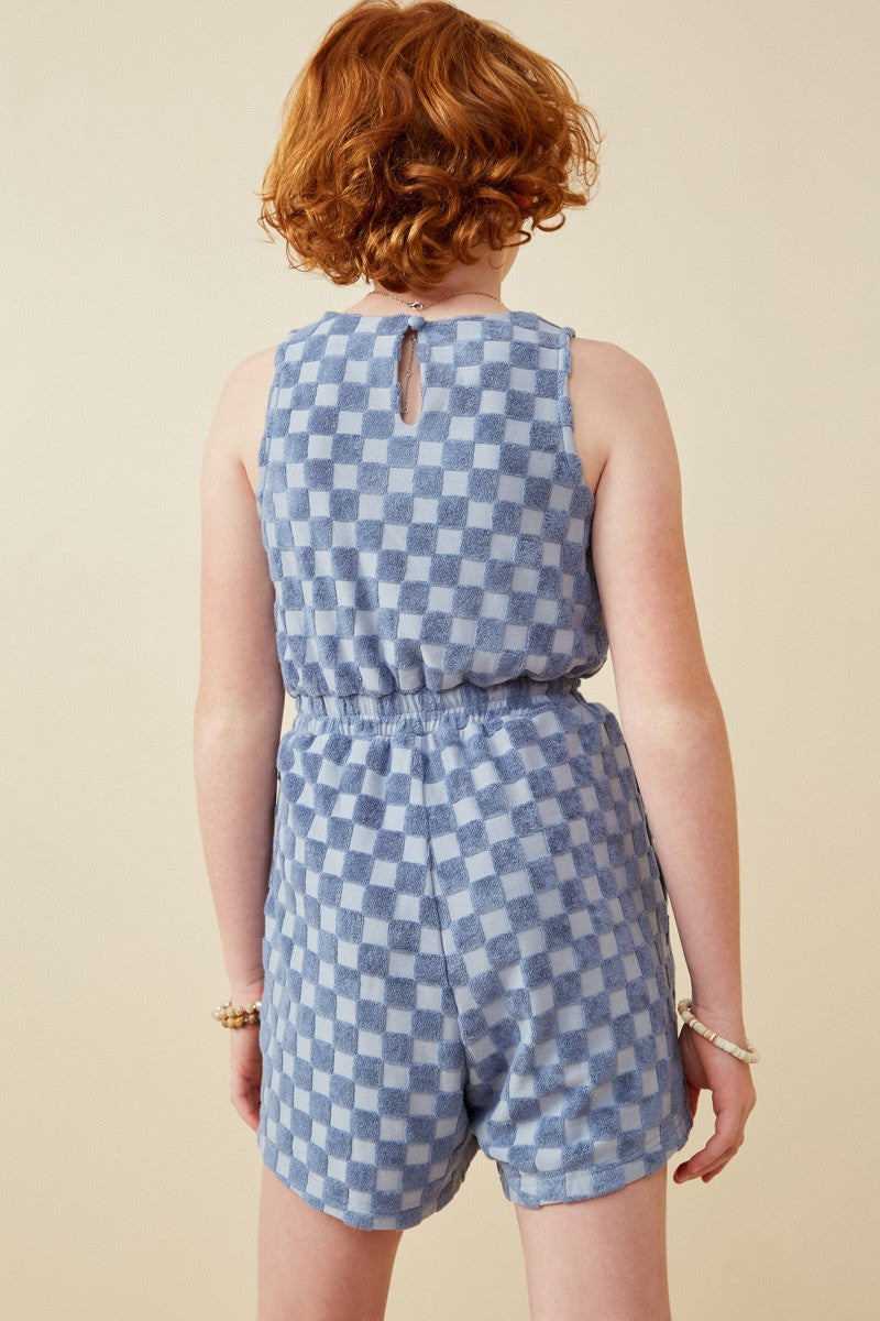 Girls Blue Checkered Terry Burnout Tank Romper (Sizes S-XL)