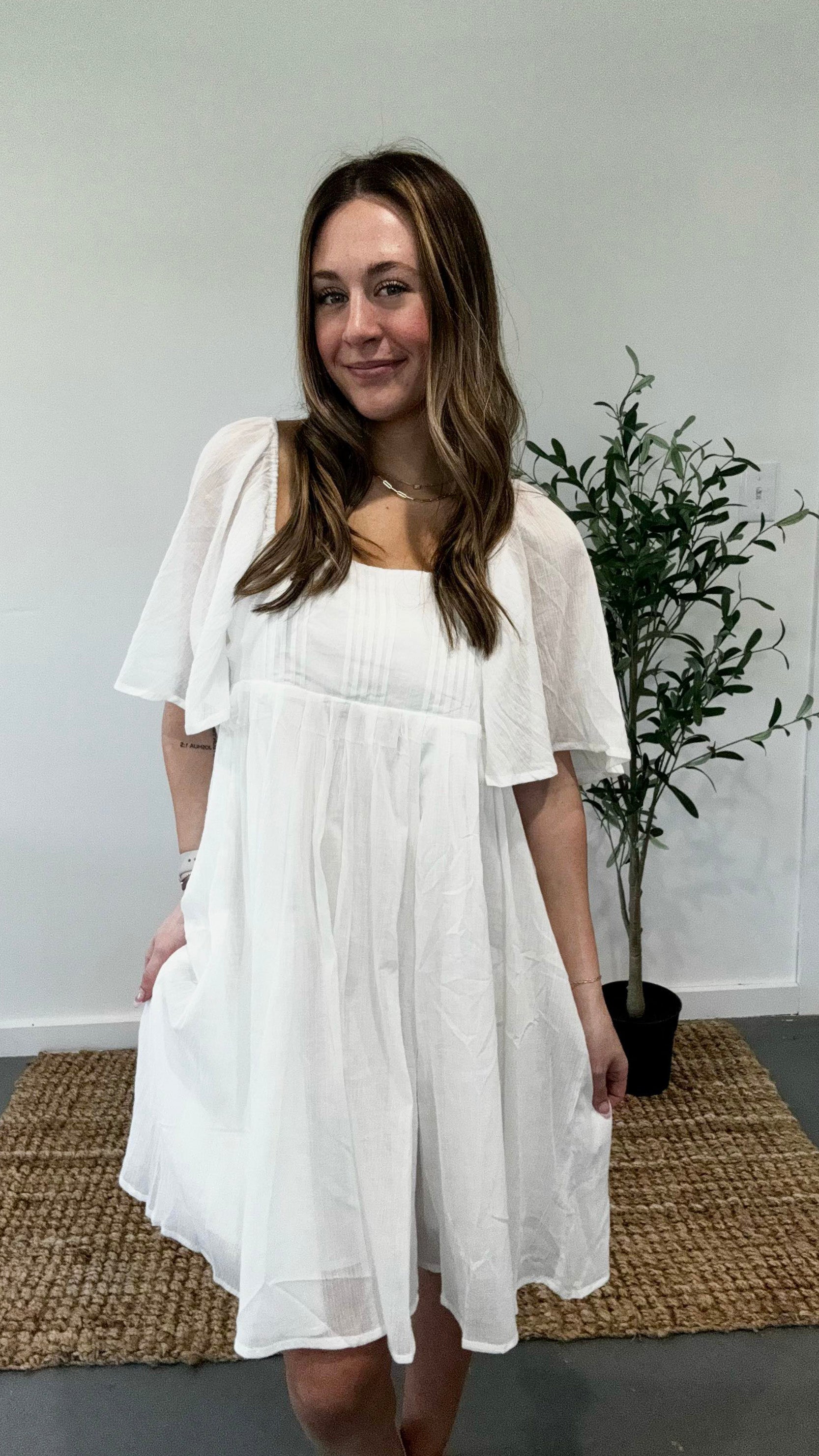 White Pintucked Flutter Sleeve Mini Dress Rosebud's Cottage White Pintucked Flutter Sleeve Mini Dress Rosebud's Cottage