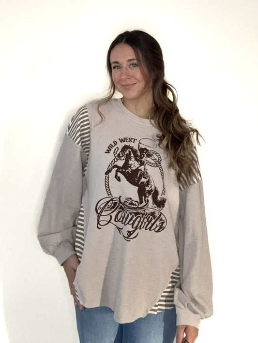 Oversized Mixed Media Western Graphic Knit Top