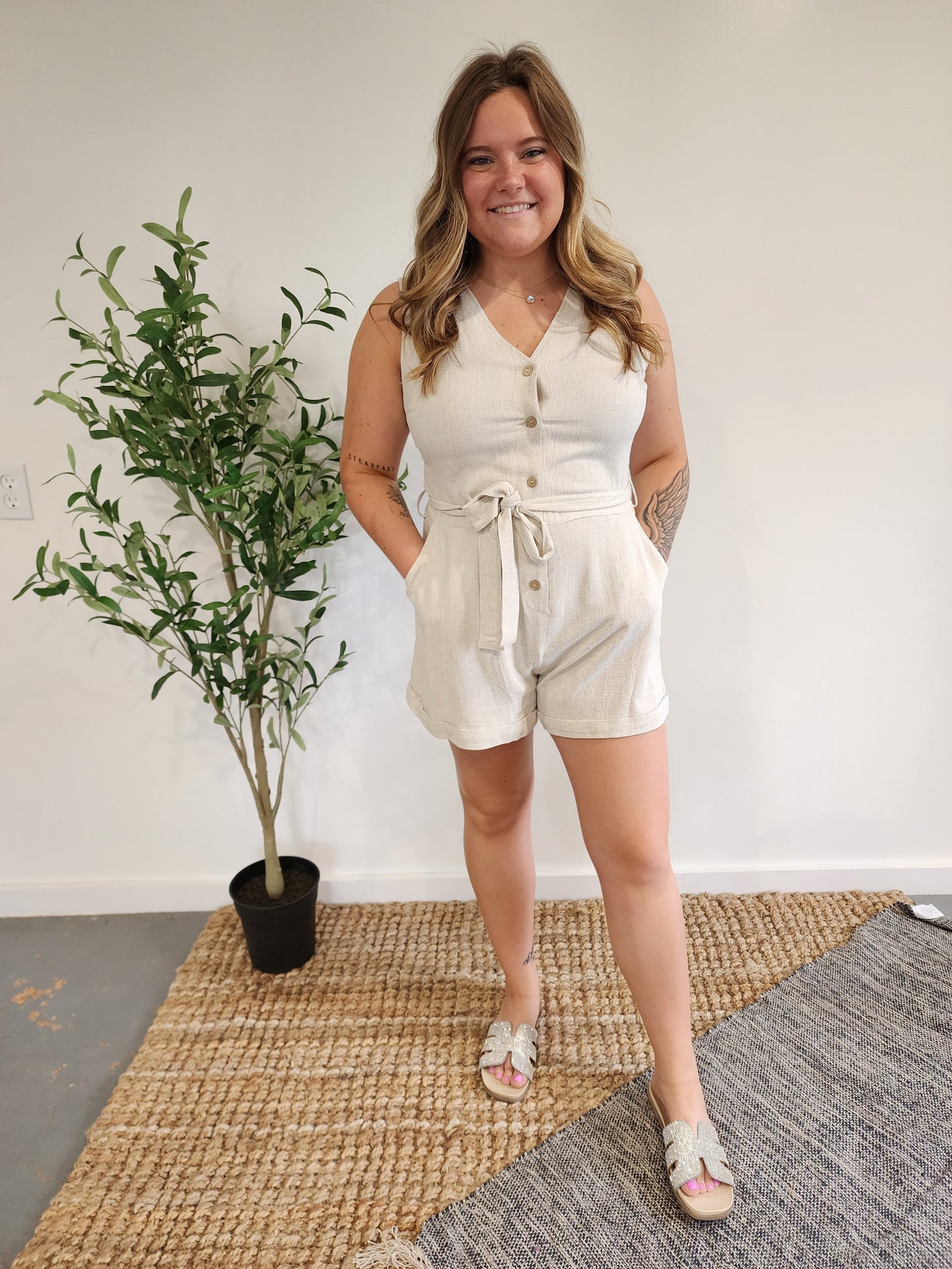 Natural V-Neck Button Down Romper