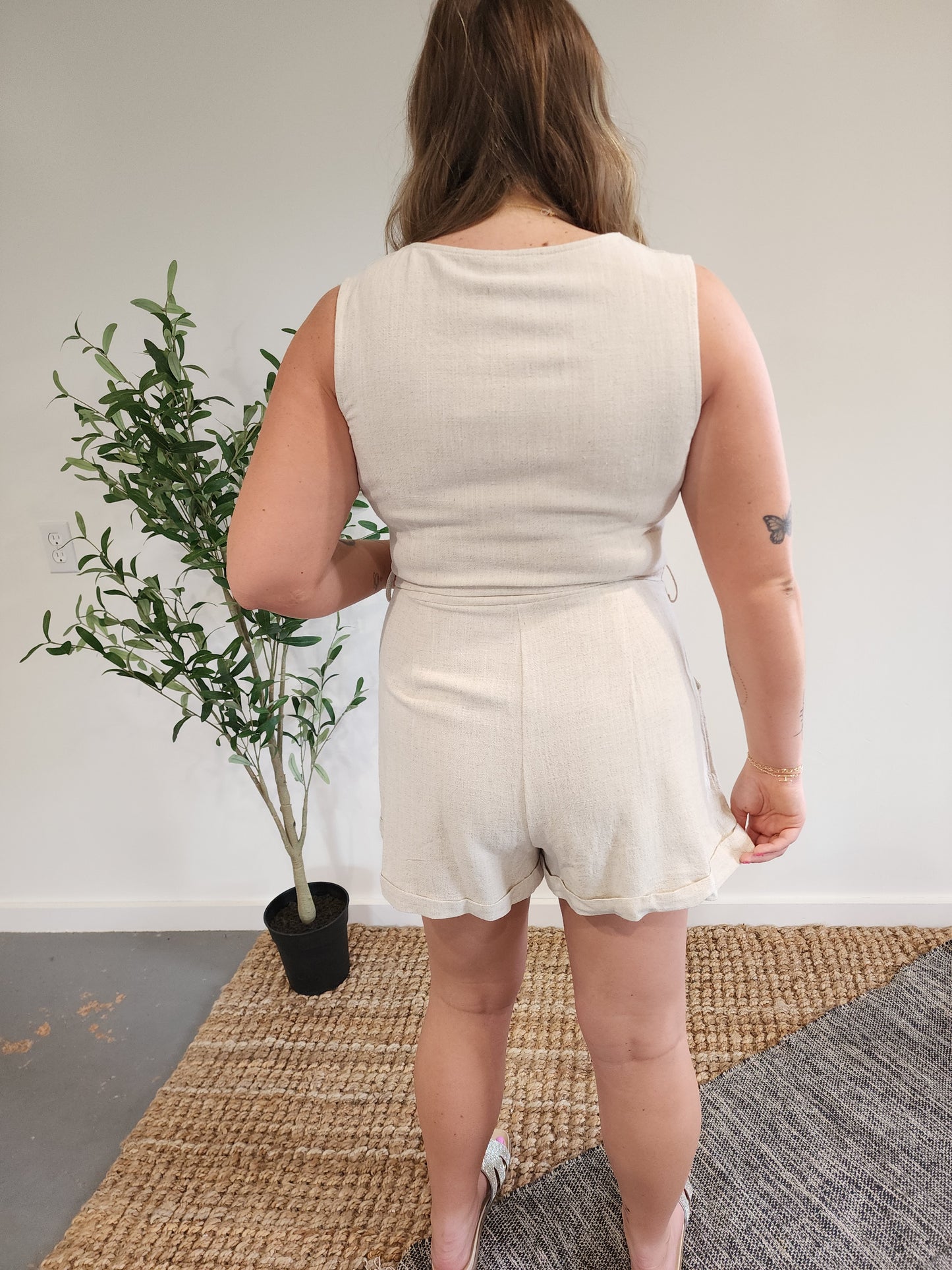 Natural V-Neck Button Down Romper