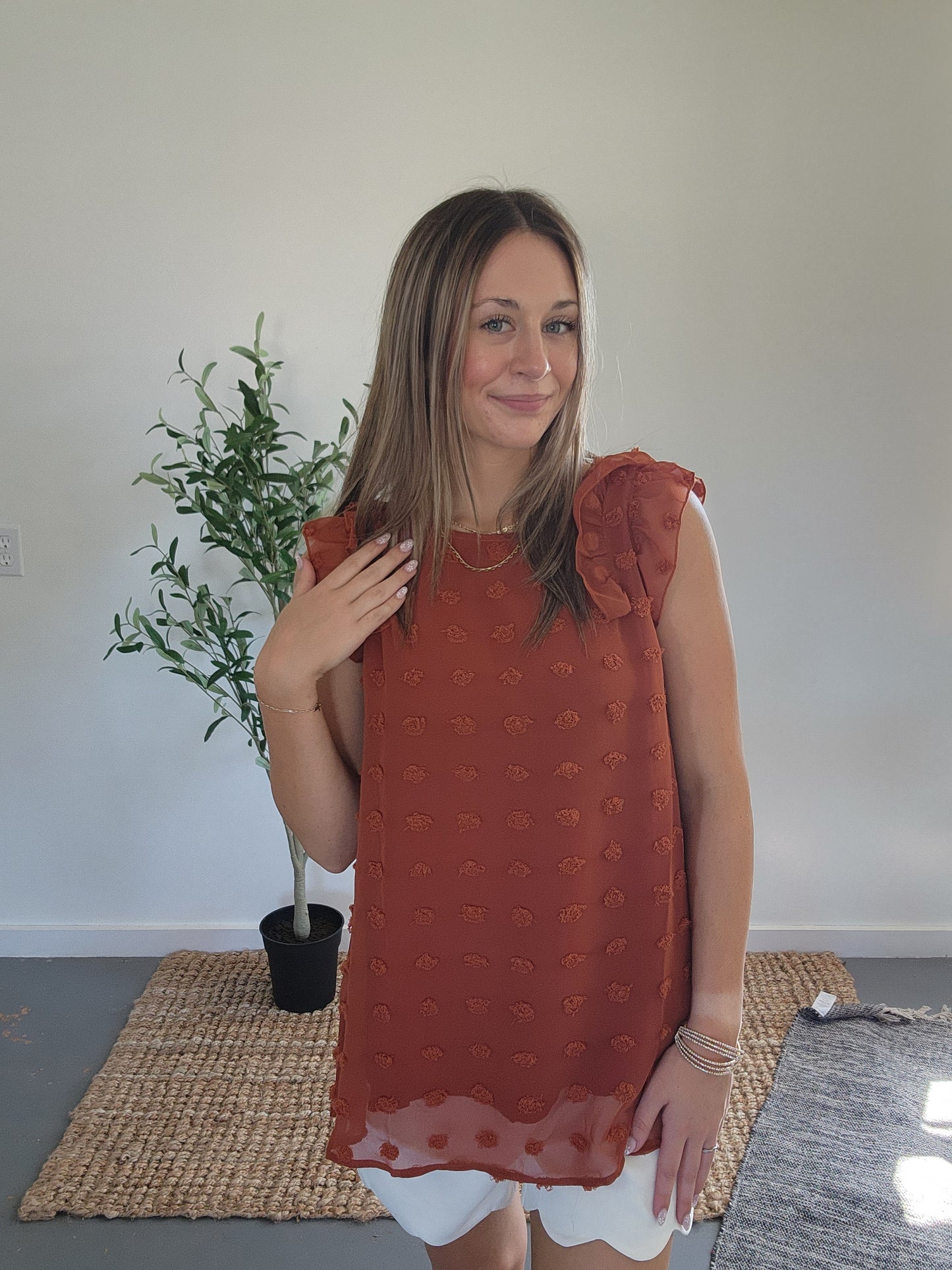 Rust Swiss Dot Double Ruffle Sleeve Top