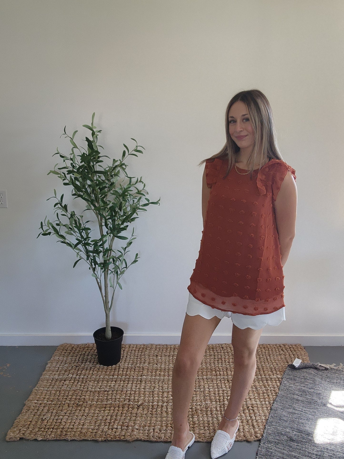Rust Swiss Dot Double Ruffle Sleeve Top