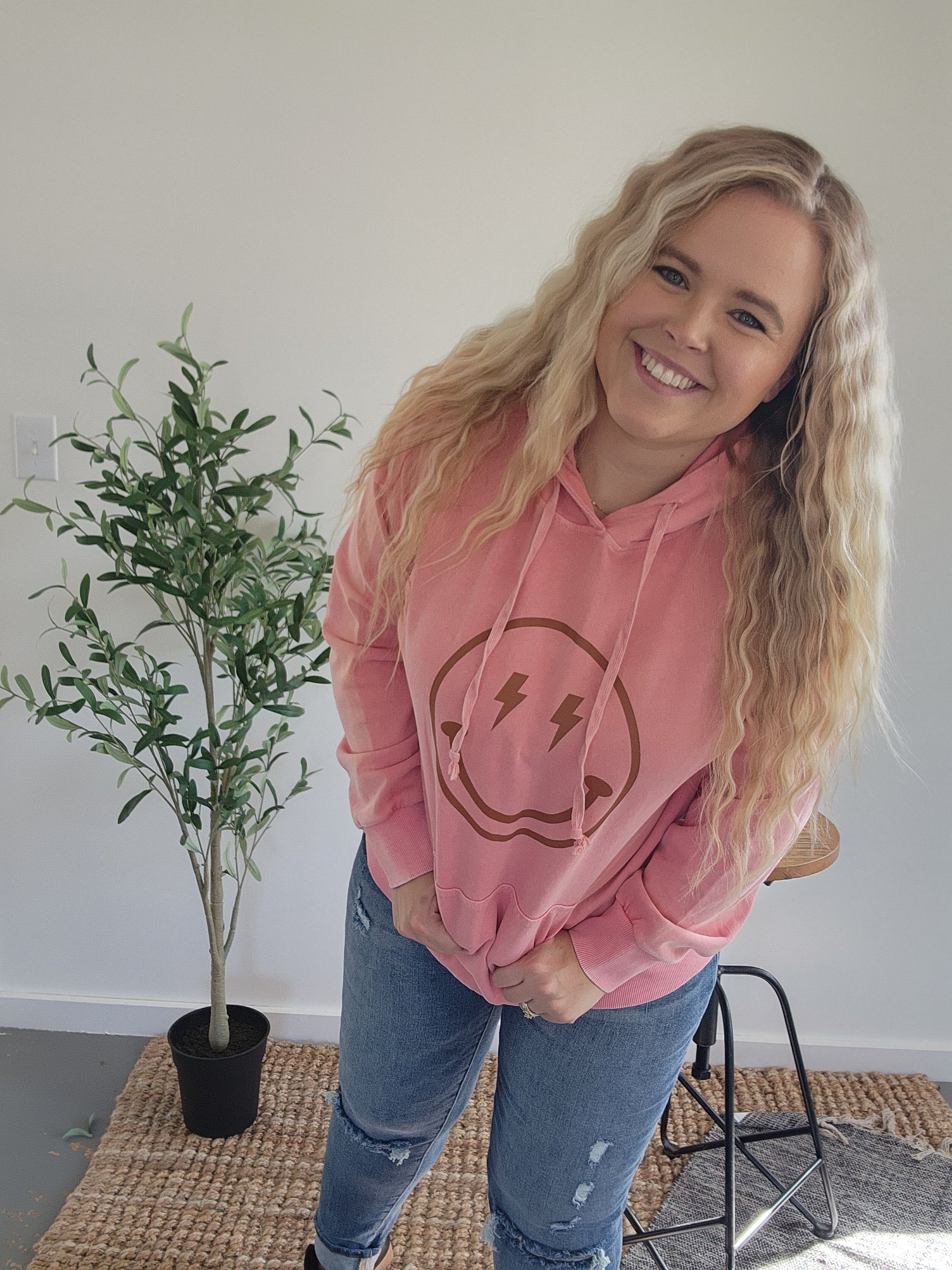 Coral Faded Coral Happy Face Hoodie