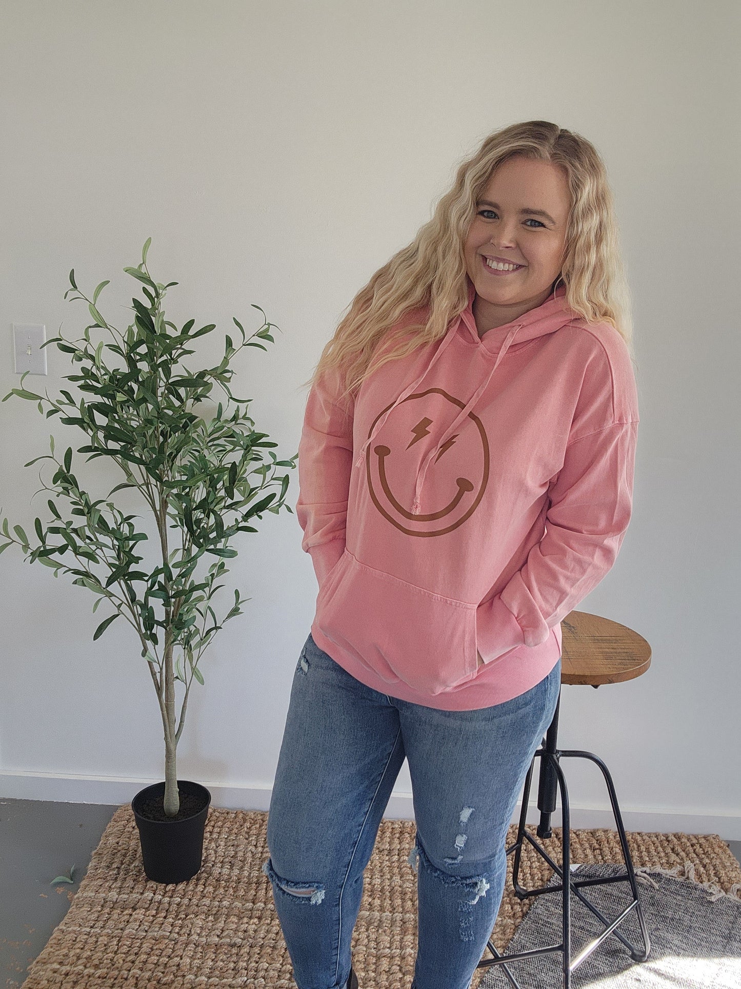 Coral Faded Coral Happy Face Hoodie Front