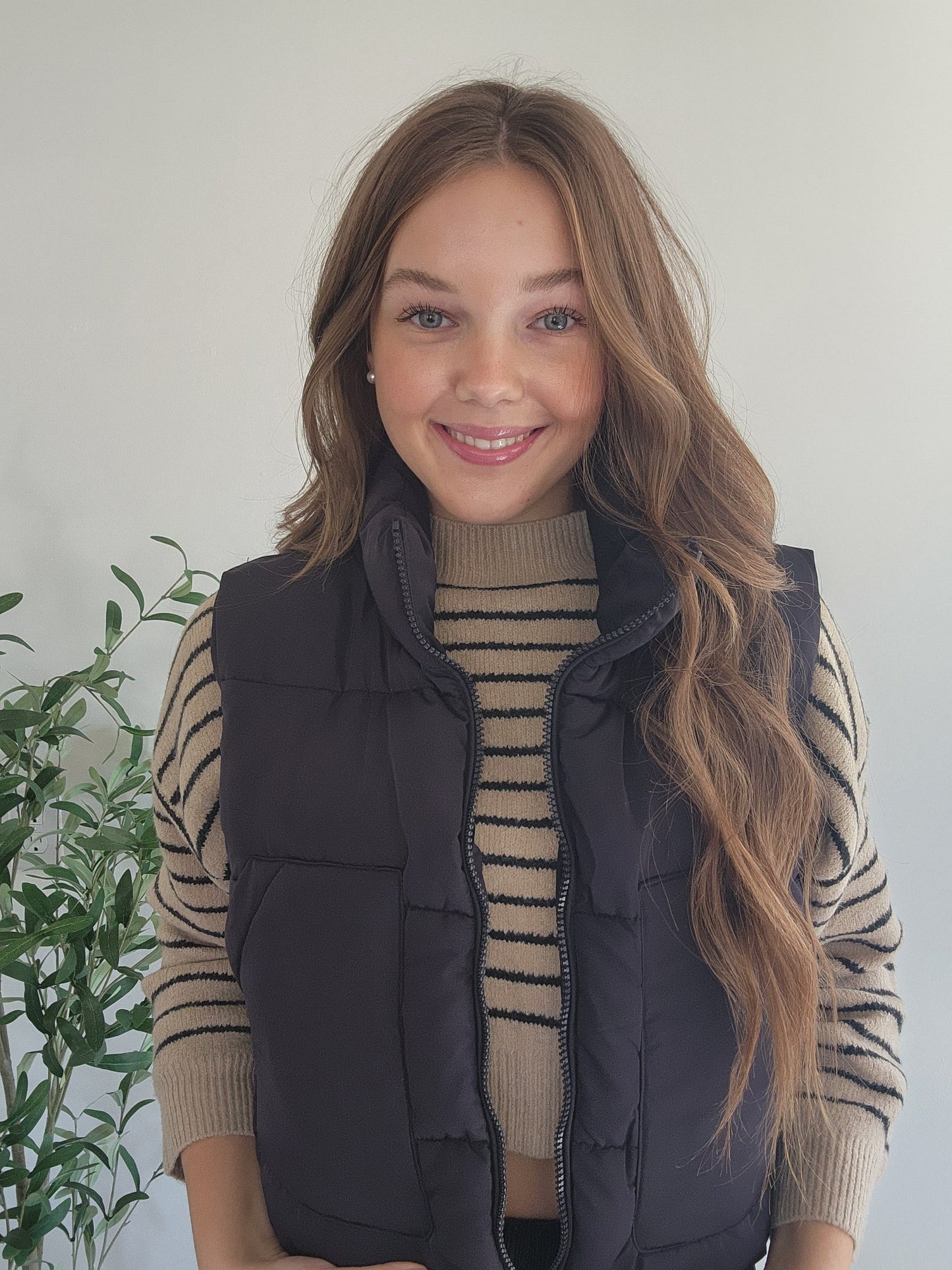 Black Puffer Vest With Pockets styled with Black & Tank Cropped Sweater