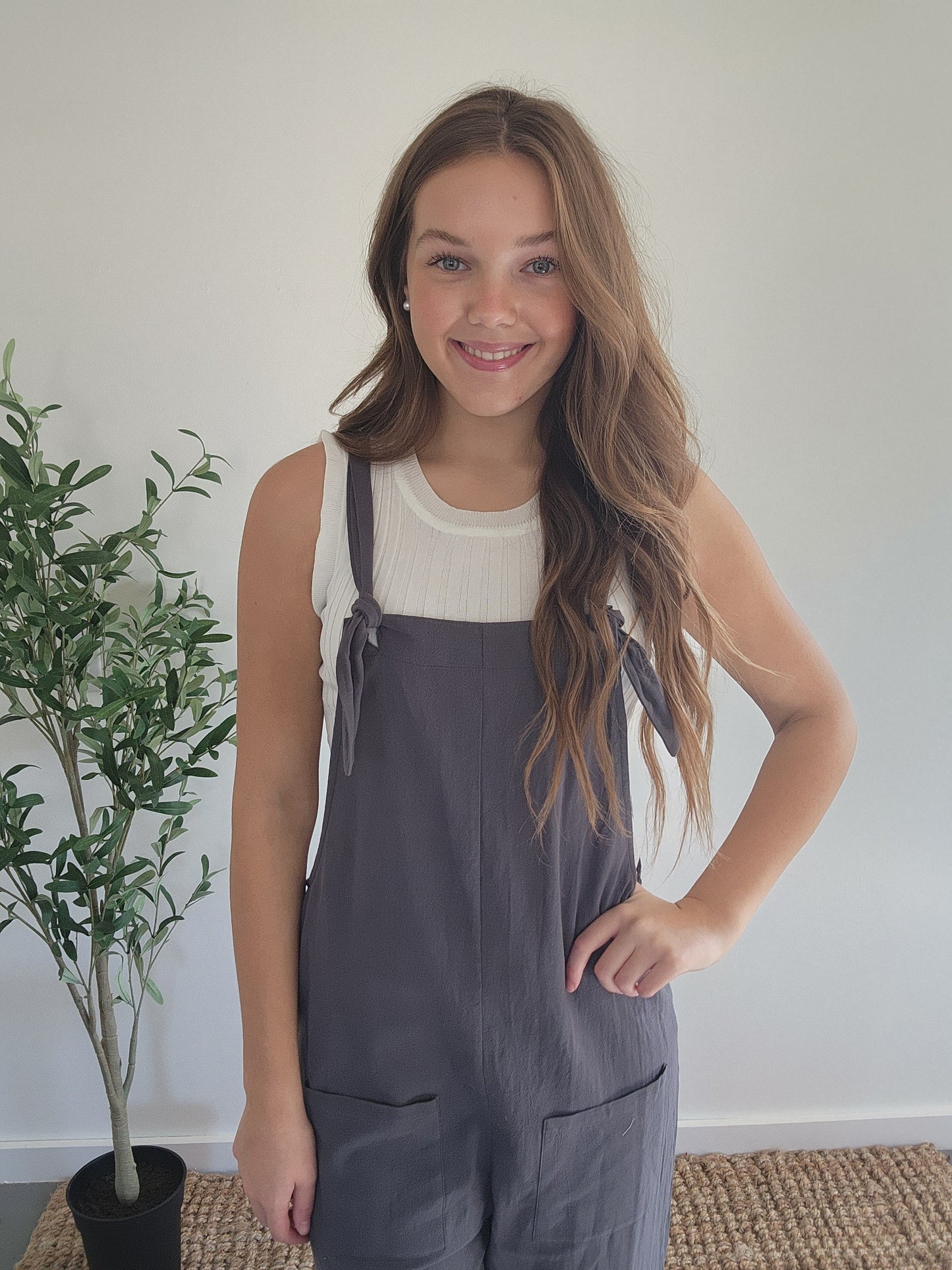 Cement Grey Pocket Detailed Comfy Cotton Overall Jumpsuit