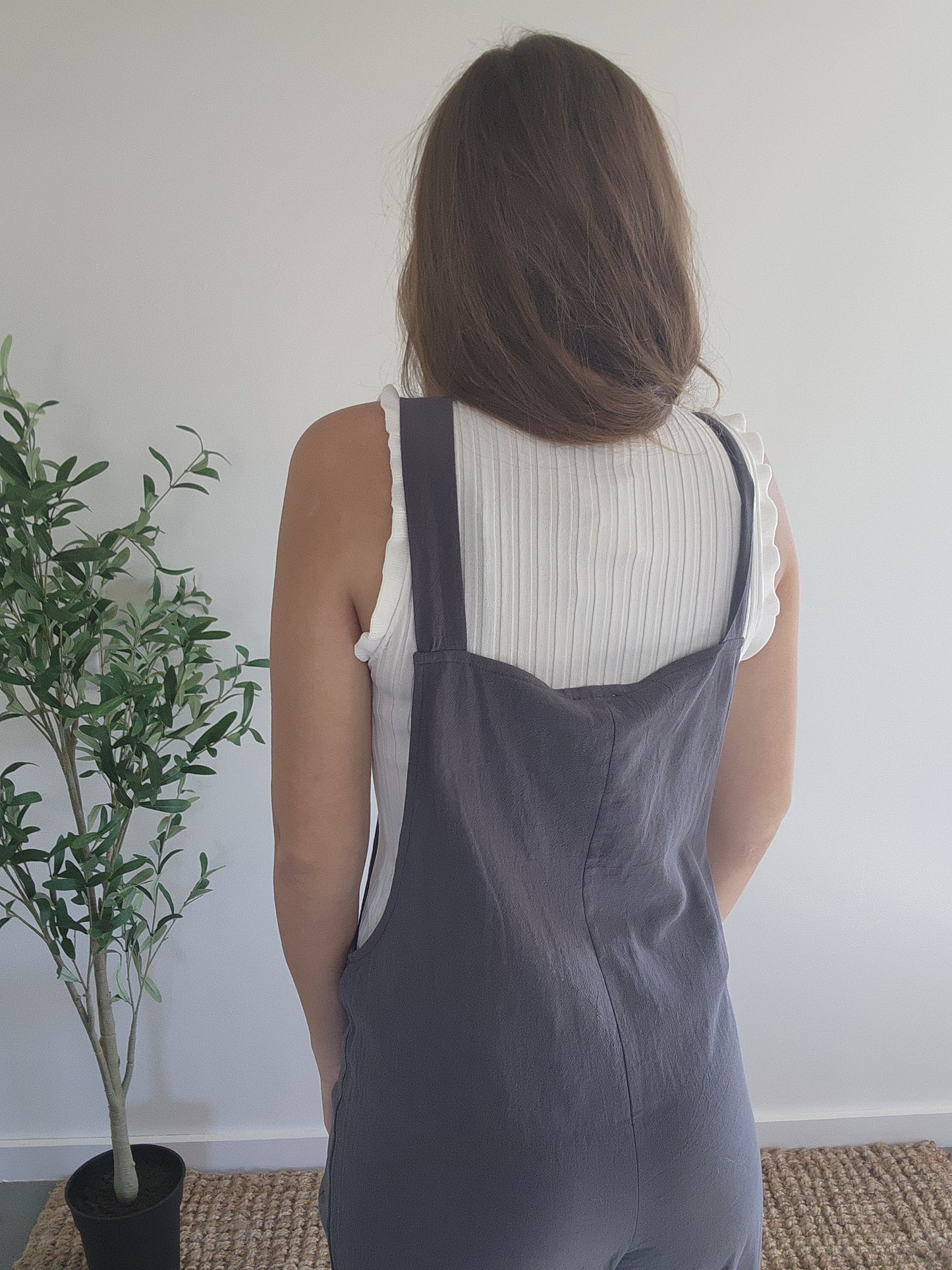 Cement Grey Pocket Detailed Comfy Cotton Overall Jumpsuit Back