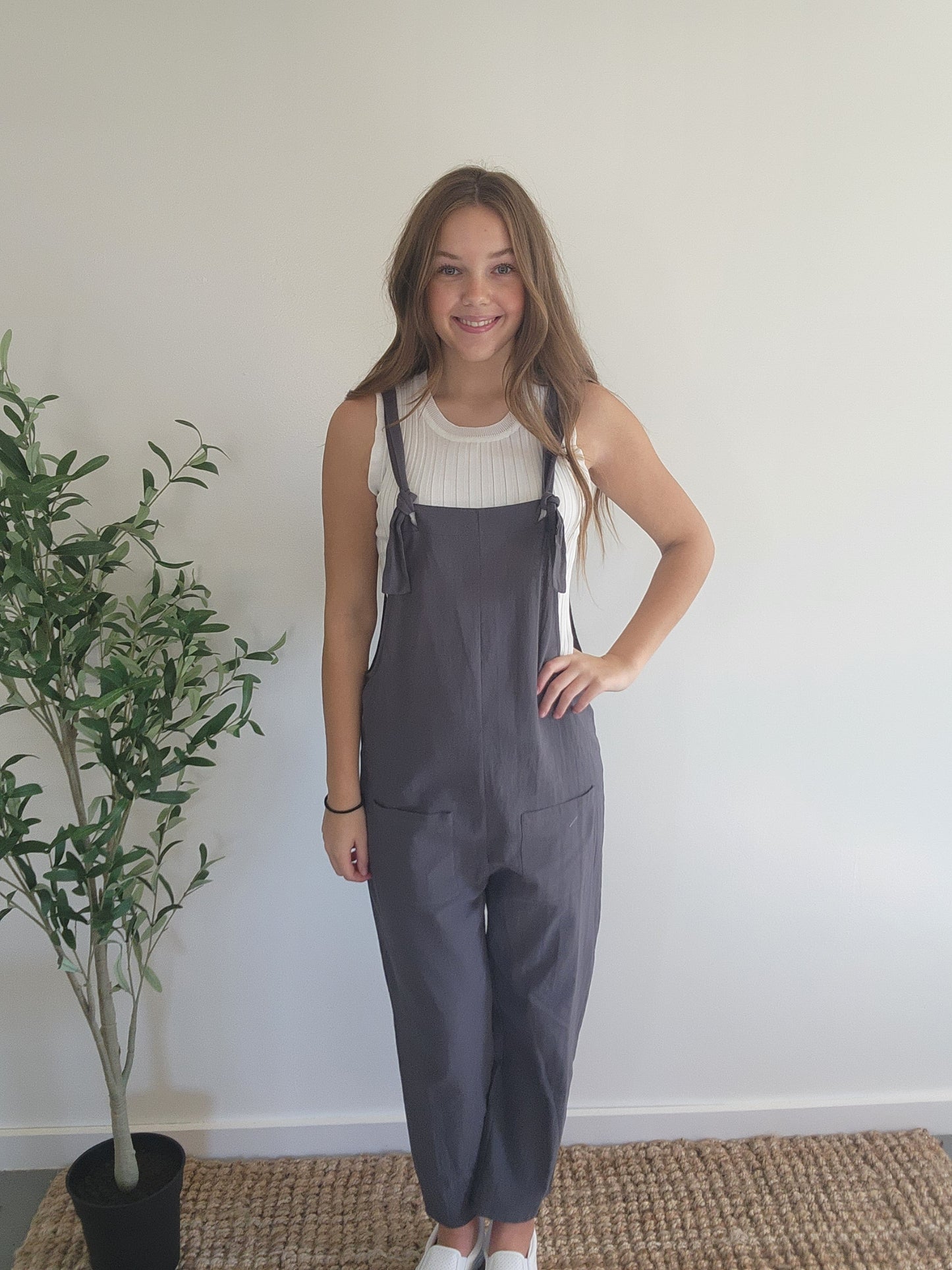 Cement Grey Pocket Detailed Comfy Cotton Overall Jumpsuit Full Front