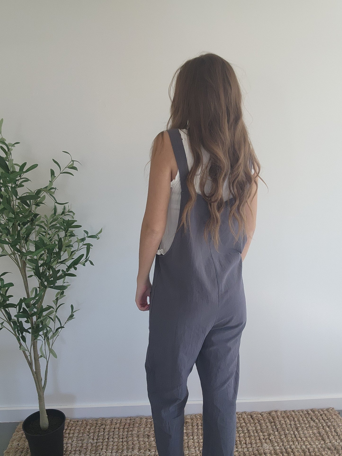 Cement Grey Pocket Detailed Comfy Cotton Overall Jumpsuit Full Back