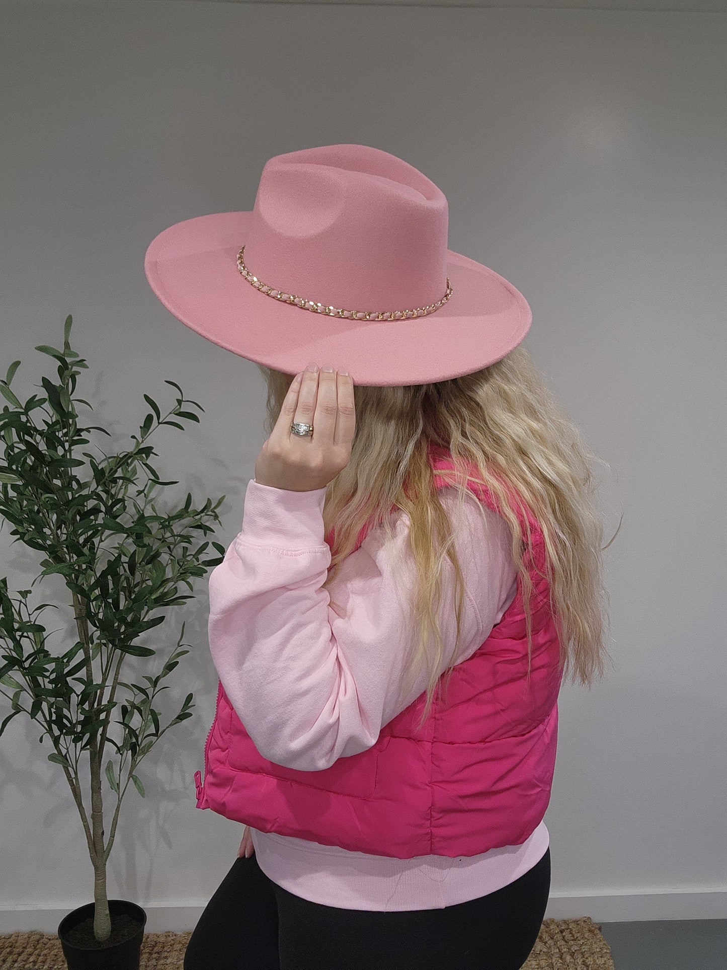 Pink Fedora Hat with Pink Ribbon And Gold Chain