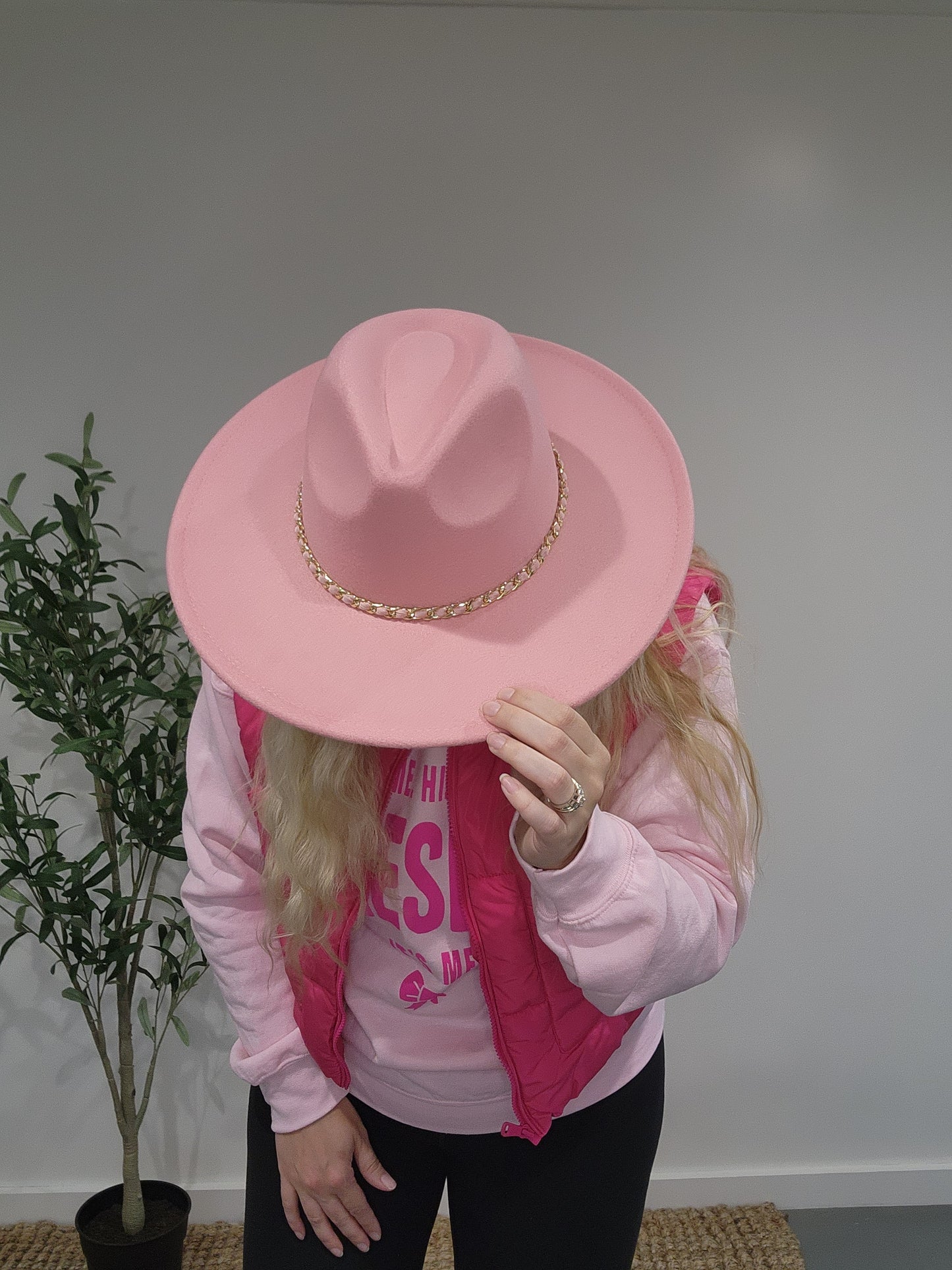 Pink Fedora Hat with Pink Ribbon And Gold Chain