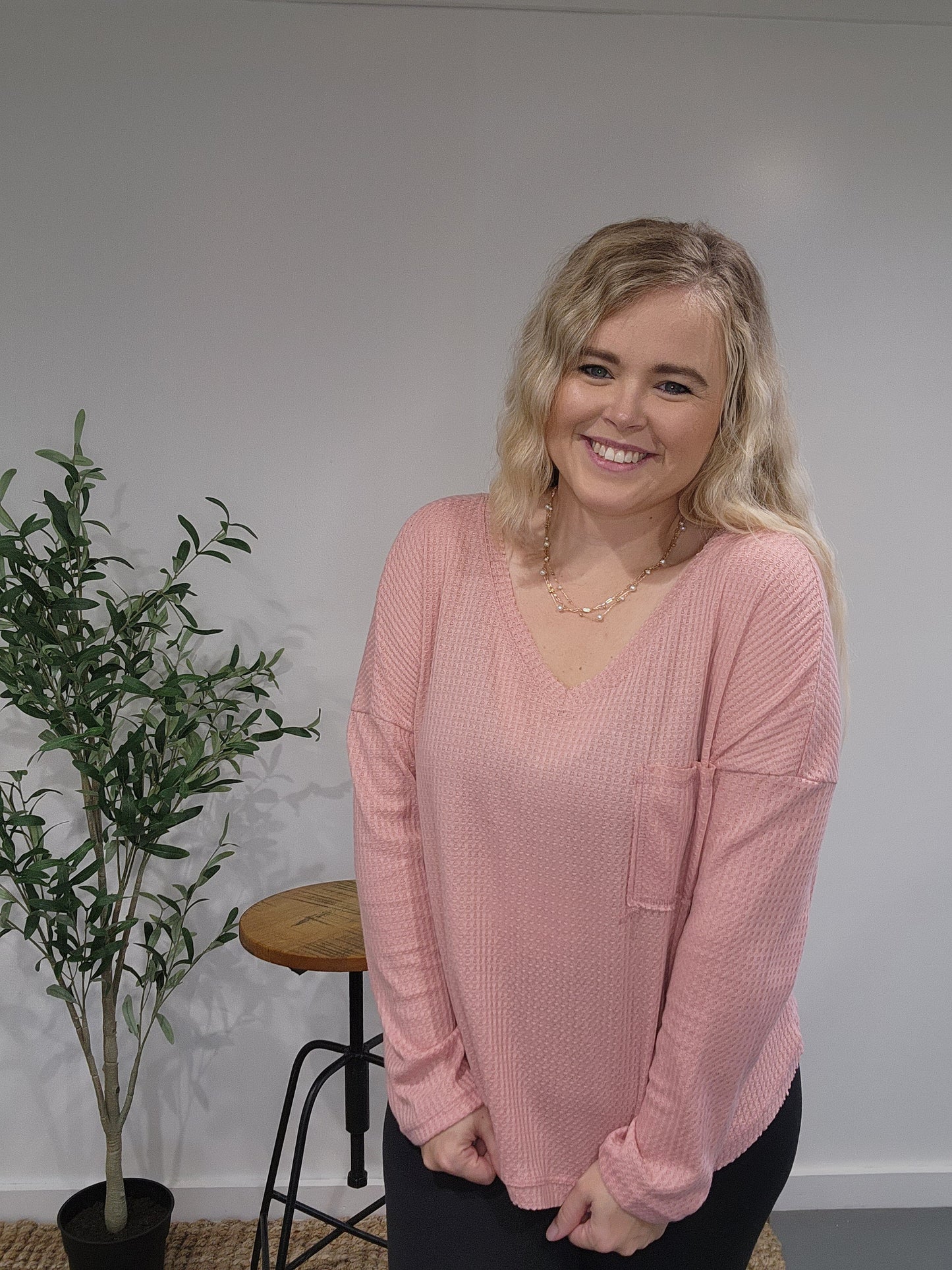 Dusty Rose Waffle Knit Long Sleeve Top