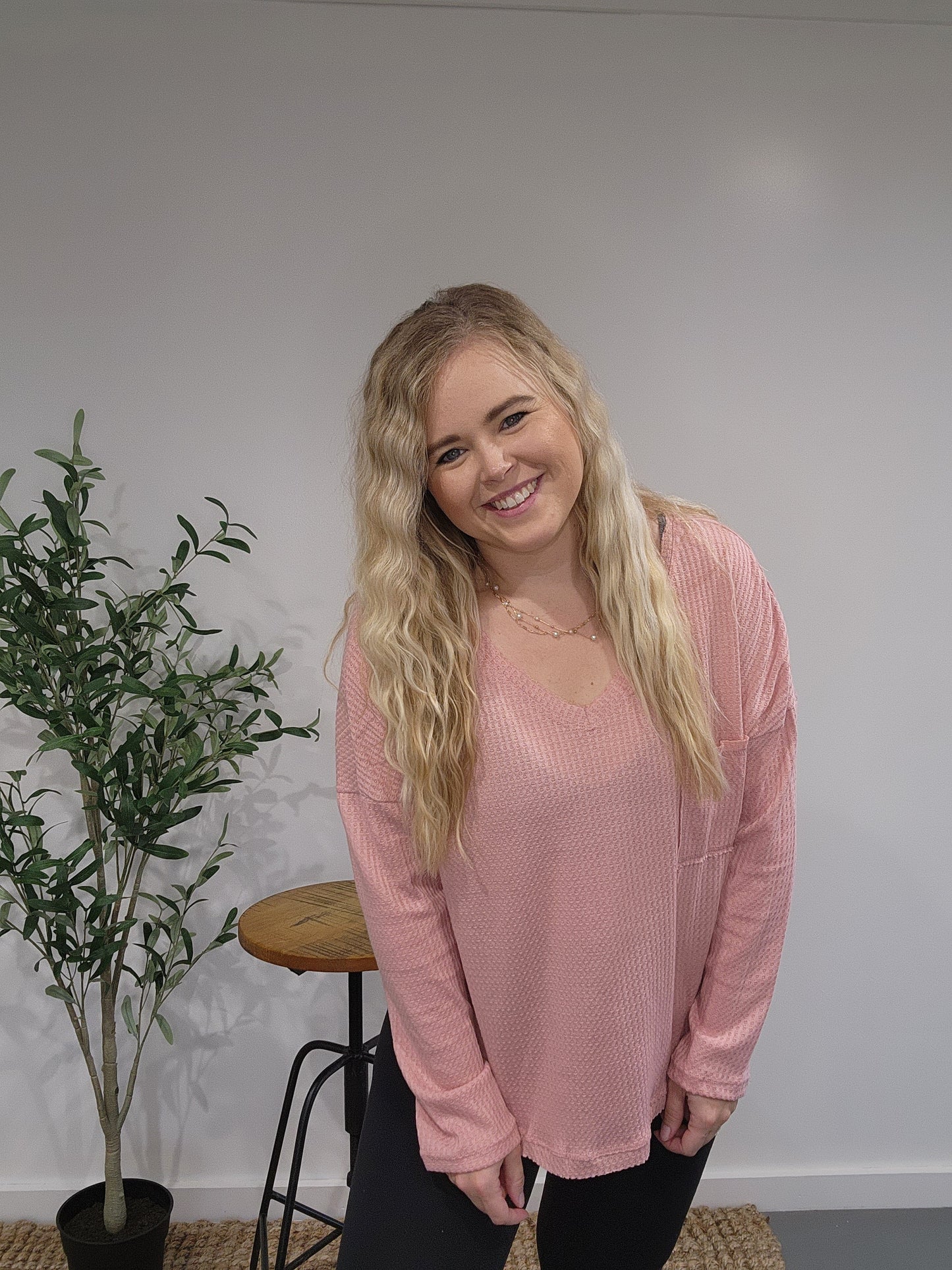 Dusty Rose Waffle Knit Long Sleeve Top