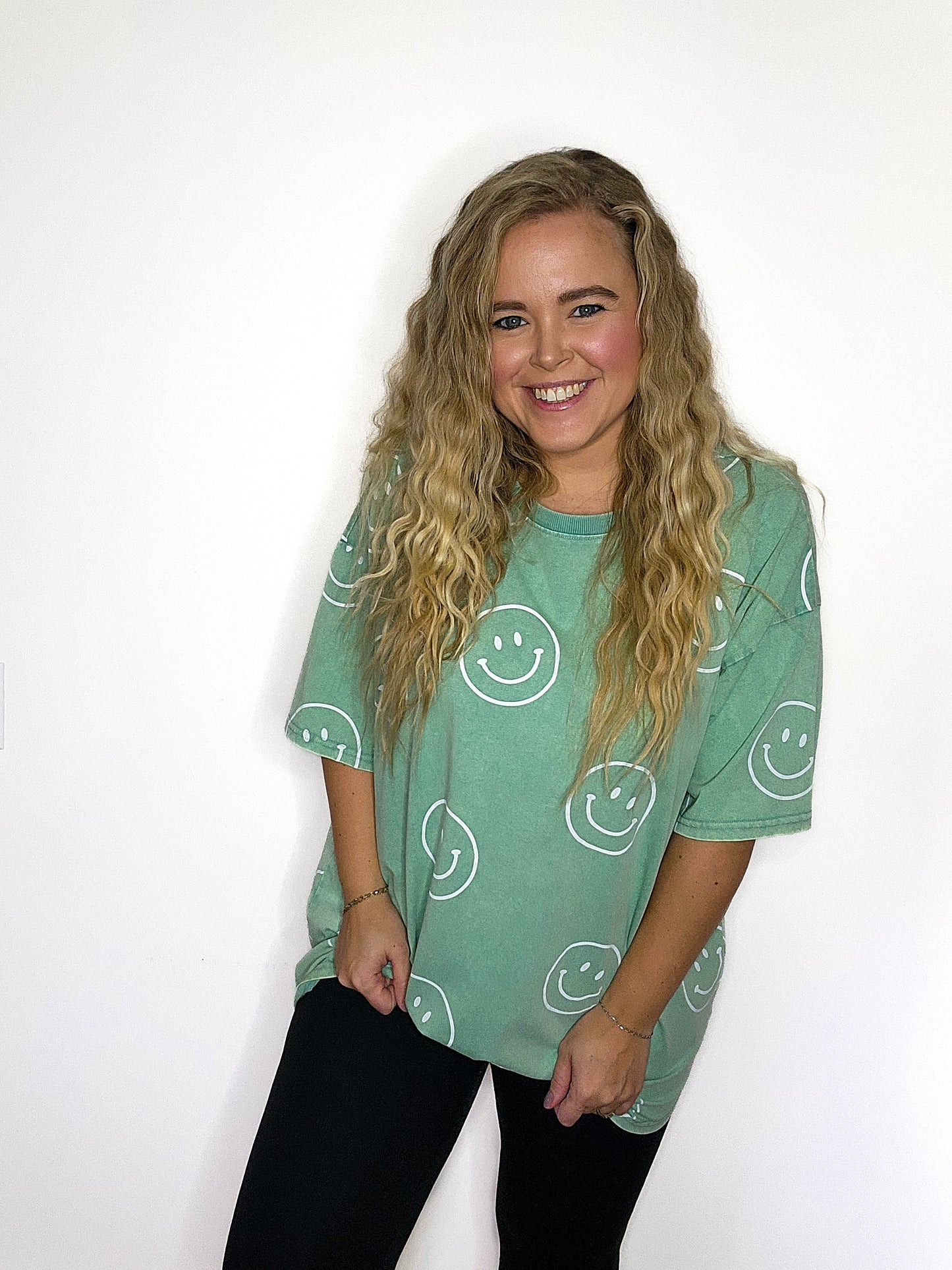 Green Smiley Face Printed Washed Oversized Tee