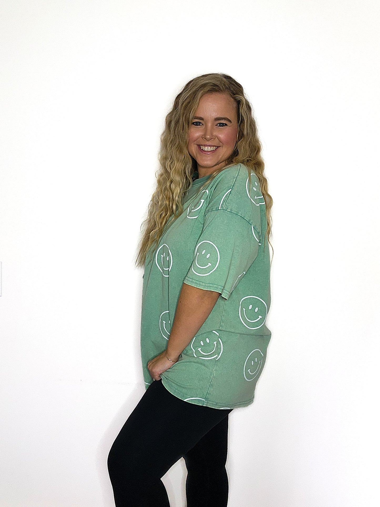 Green Smiley Face Printed Washed Oversized Tee