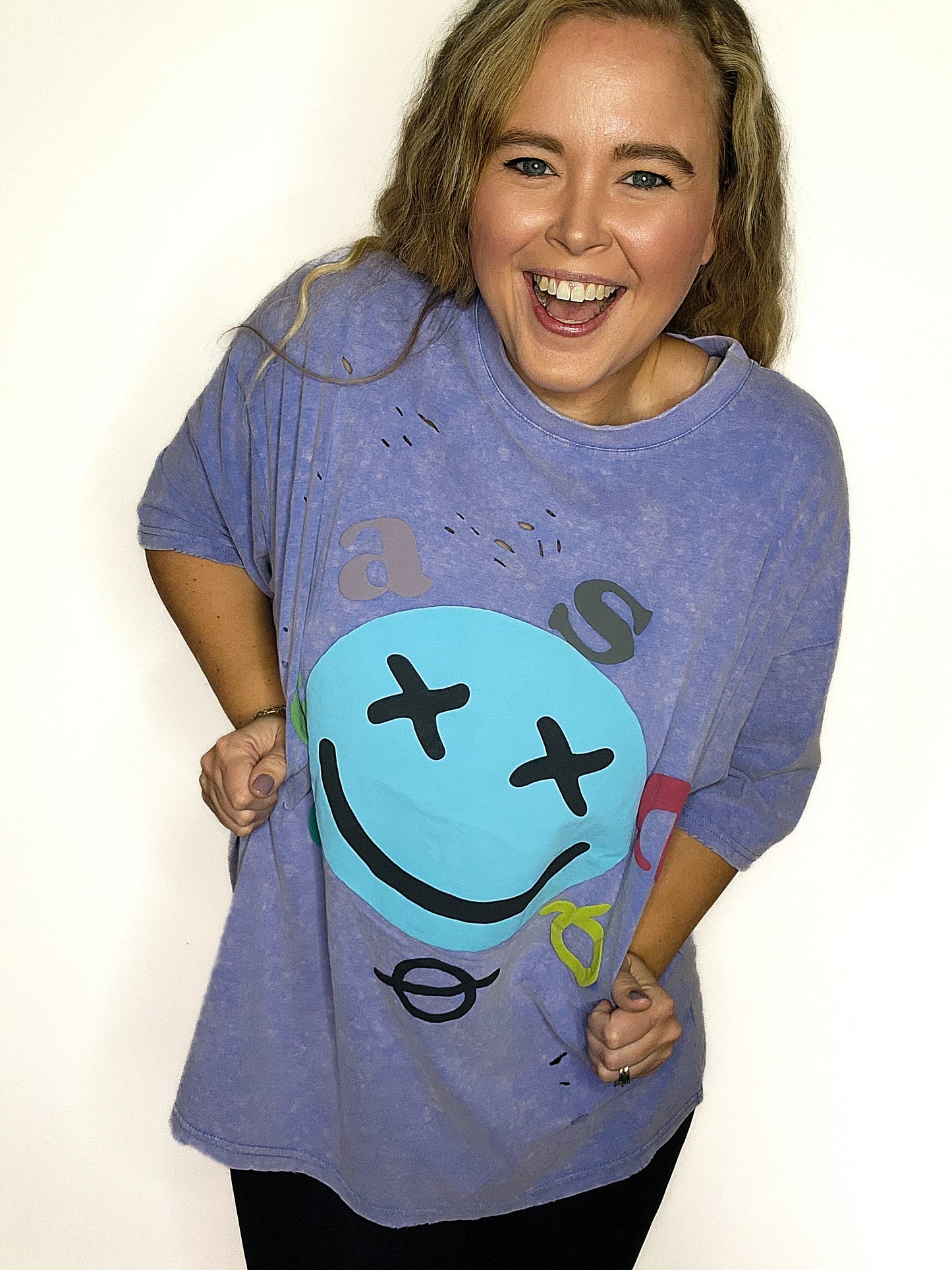 Smiley Face Distressed Mineral Washed Top