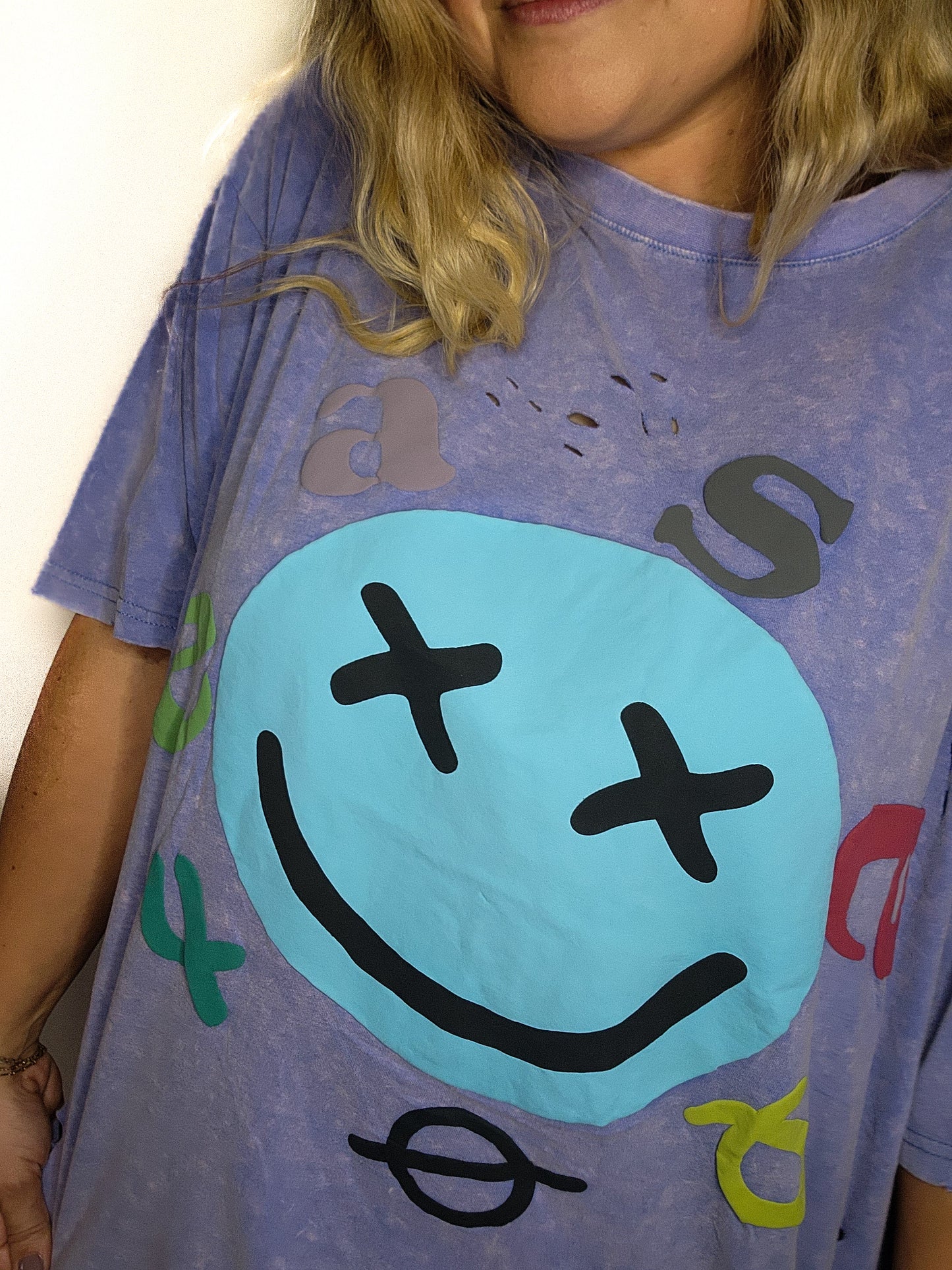 Smiley Face Distressed Mineral Washed Top