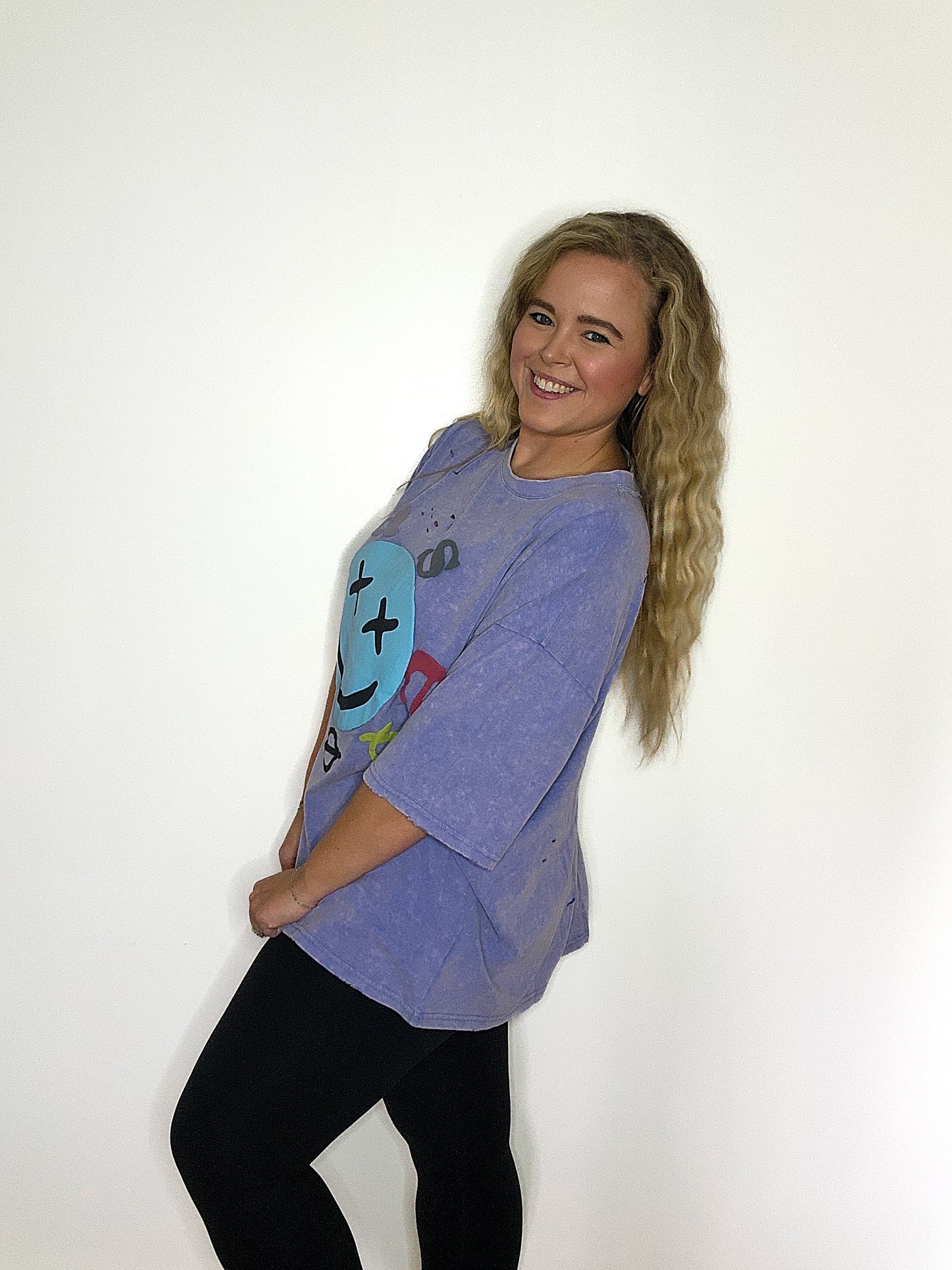 Smiley Face Distressed Mineral Washed Top
