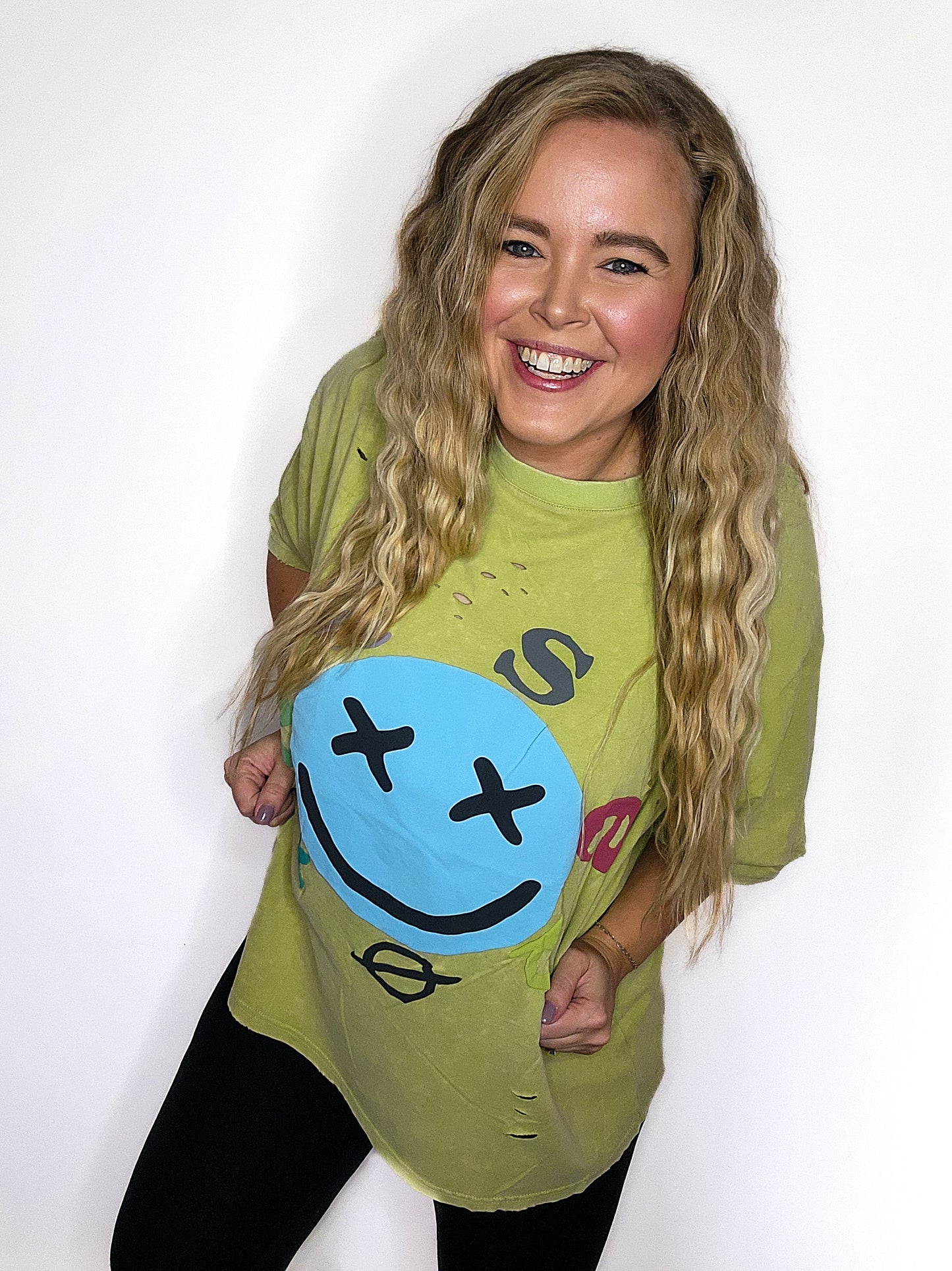Smiley Face Distressed Mineral Washed Top