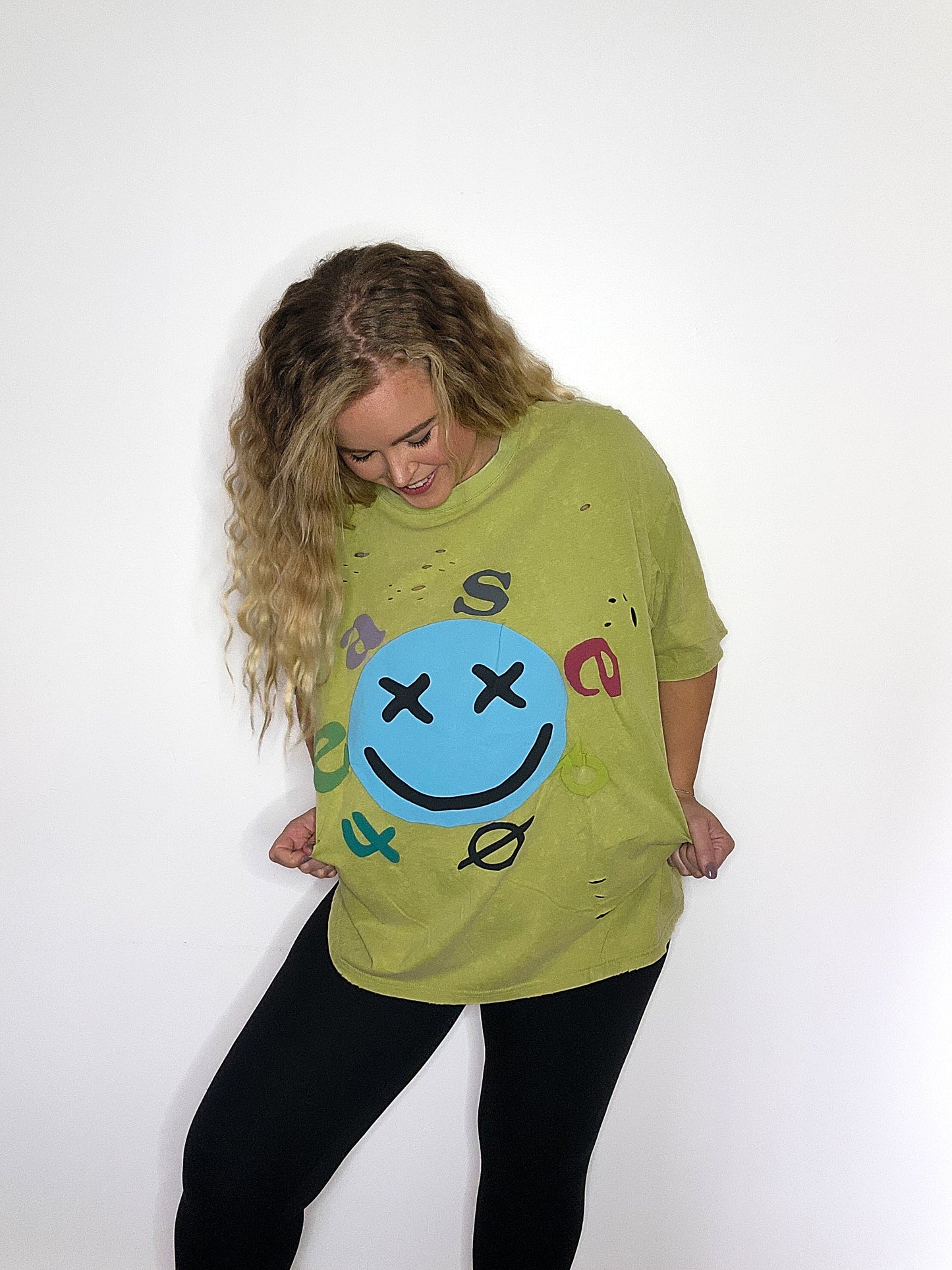 Smiley Face Distressed Mineral Washed Top