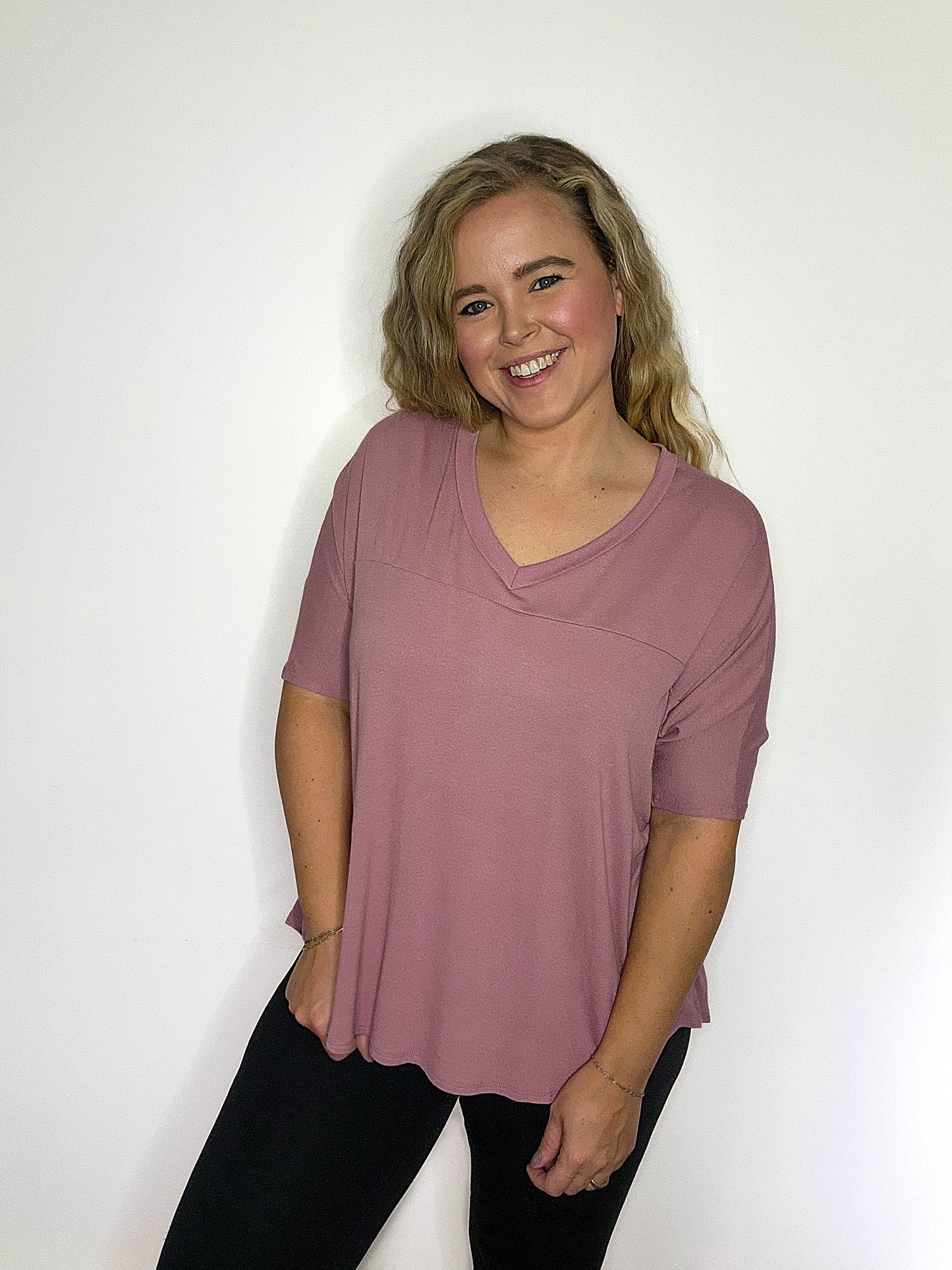Dusty Mauve Knit V Neck Blouse