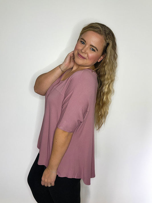 Dusty Mauve Knit V Neck Blouse