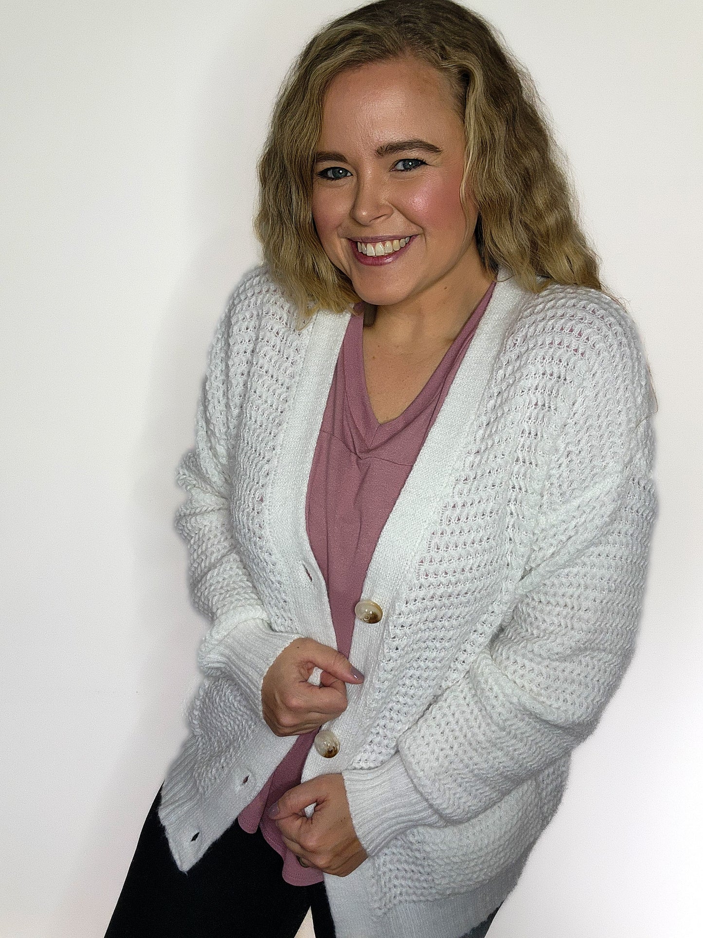 Off White Yarn Weave Button Front Cardigan