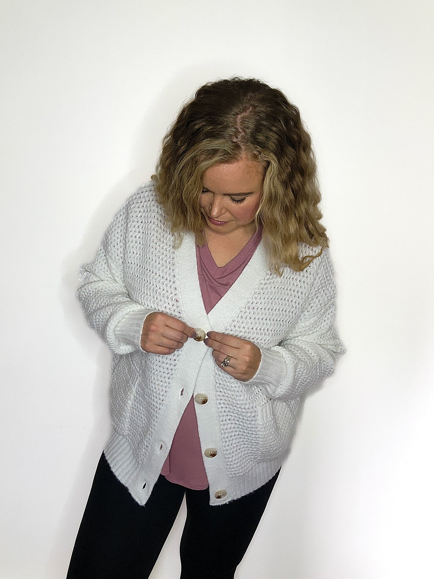 Off White Yarn Weave Button Front Cardigan