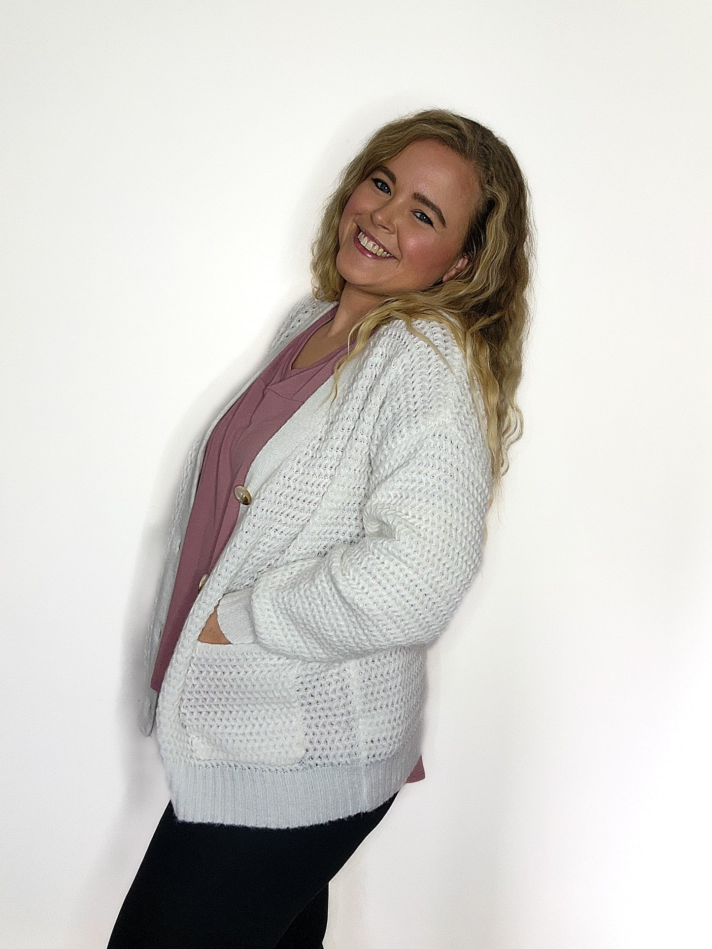 Off White Yarn Weave Button Front Cardigan