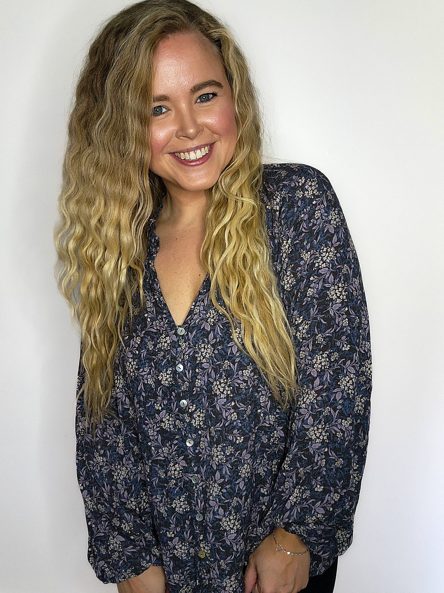 Indigo Floral Button Up Blouse