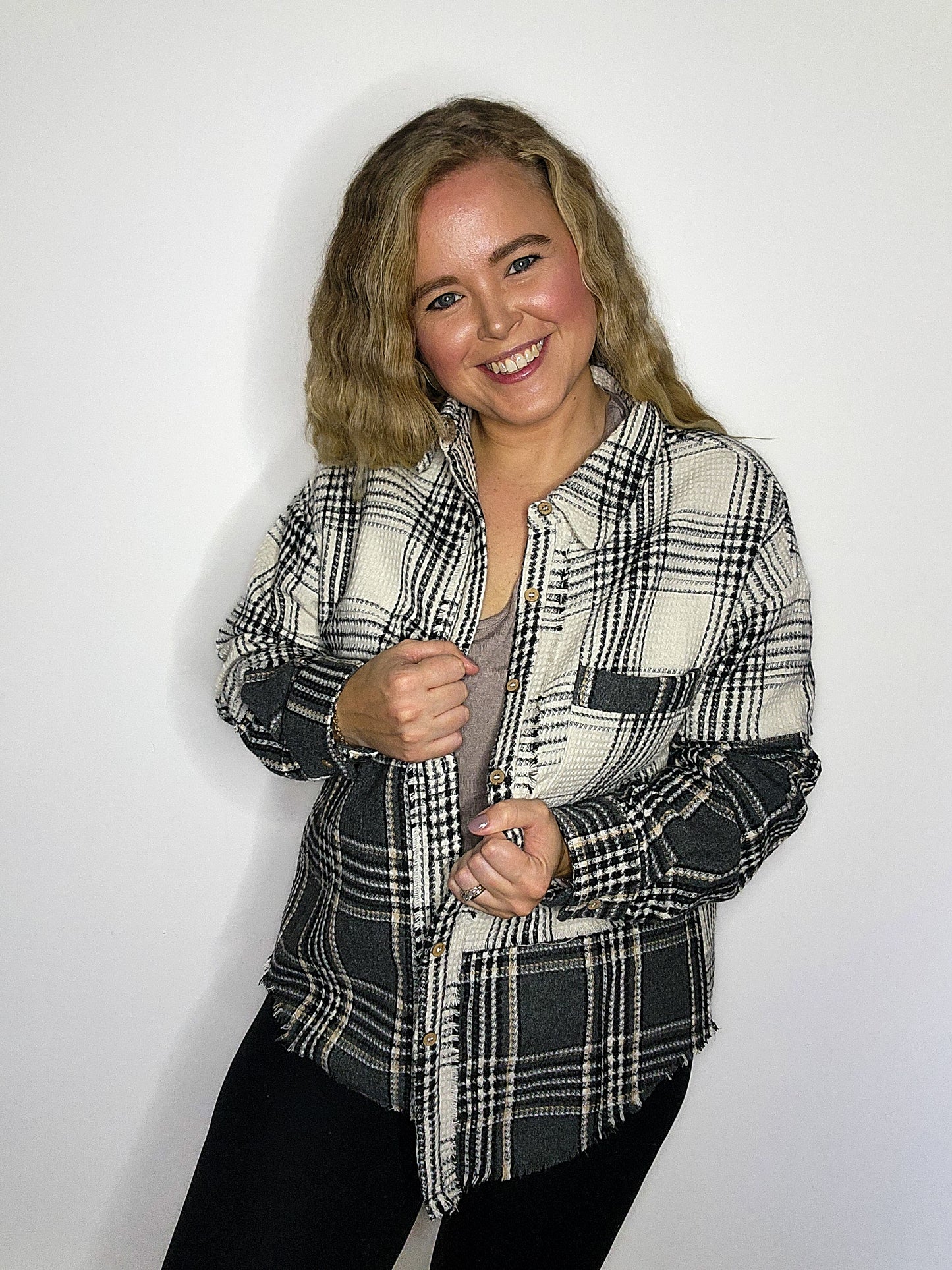 Mixed Plaid Oversized Casual Shacket Jacket