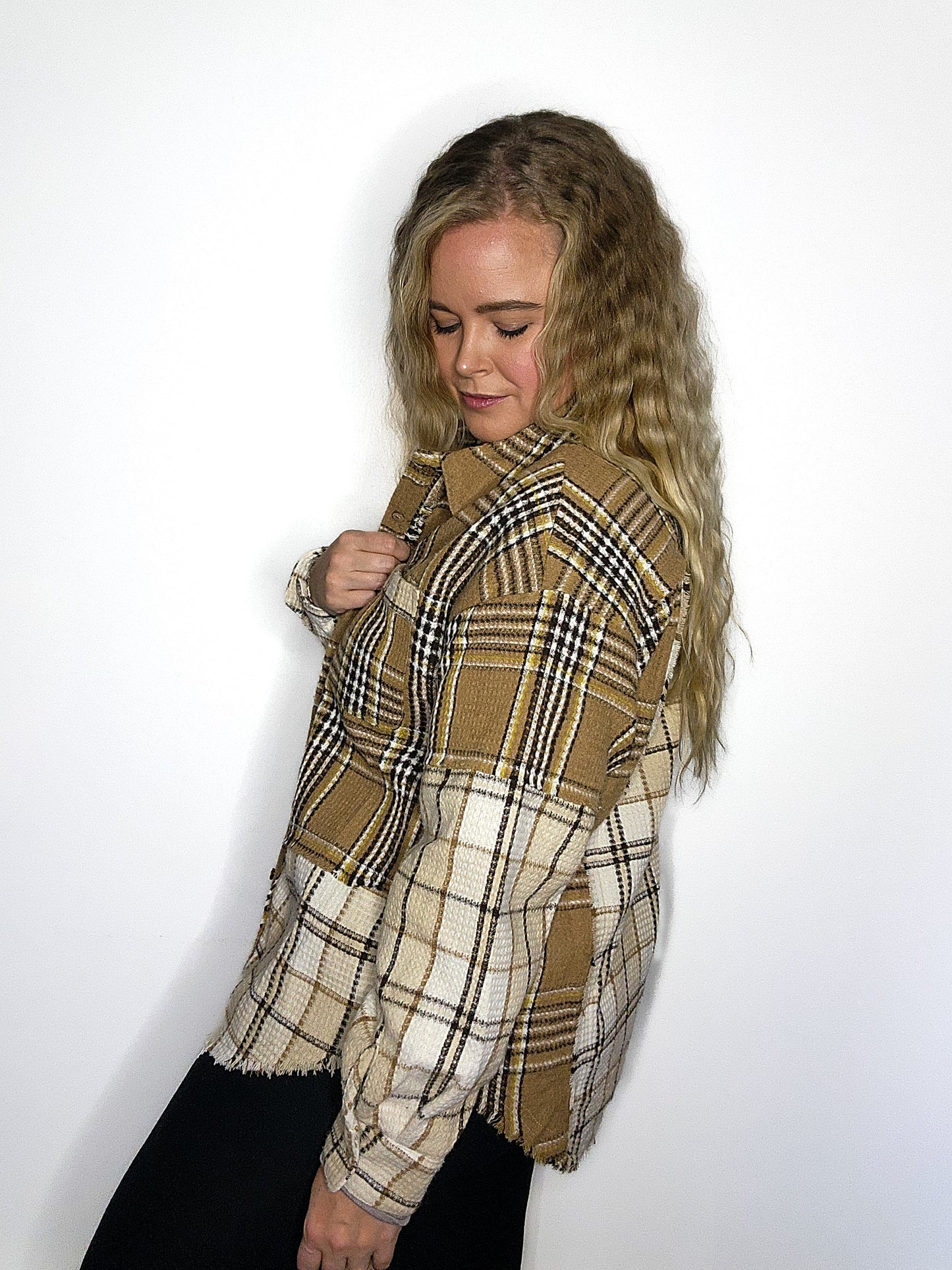Mixed Plaid Oversized Casual Shacket Jacket