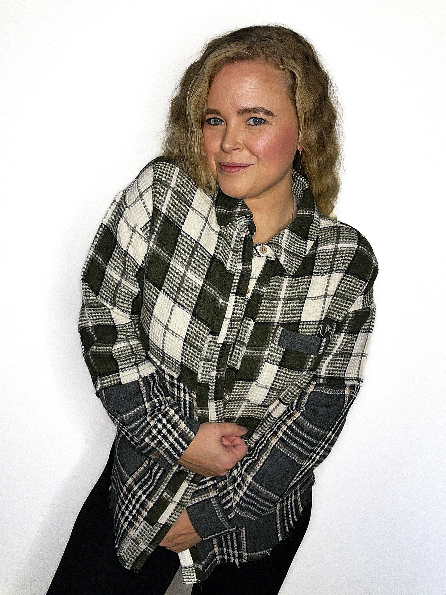 Mixed Plaid Oversized Casual Shacket Jacket