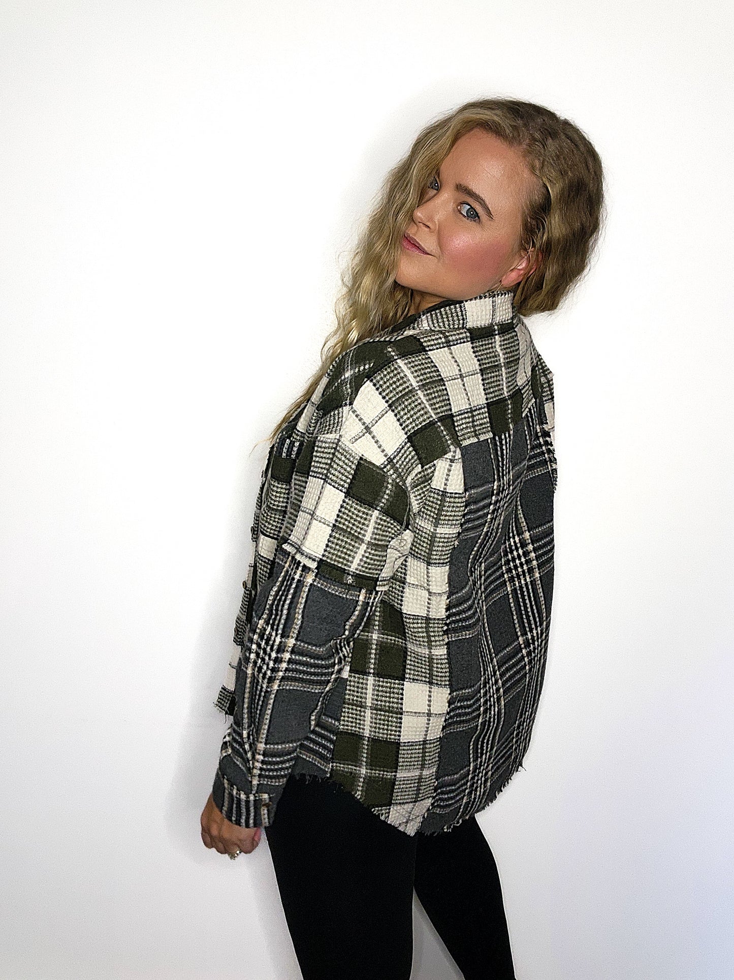 Mixed Plaid Oversized Casual Shacket Jacket