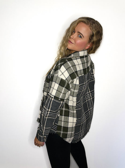 Mixed Plaid Oversized Casual Shacket Jacket