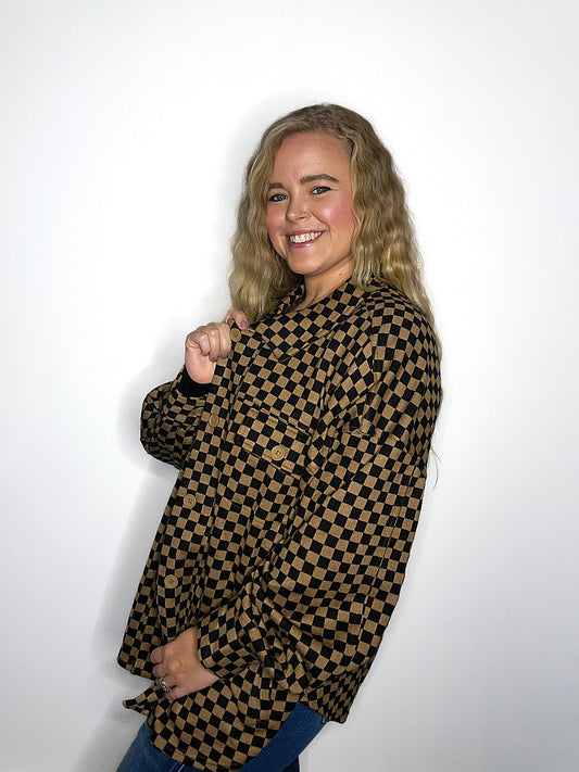 Mocha Button Down Double Knit Checkered Shacket