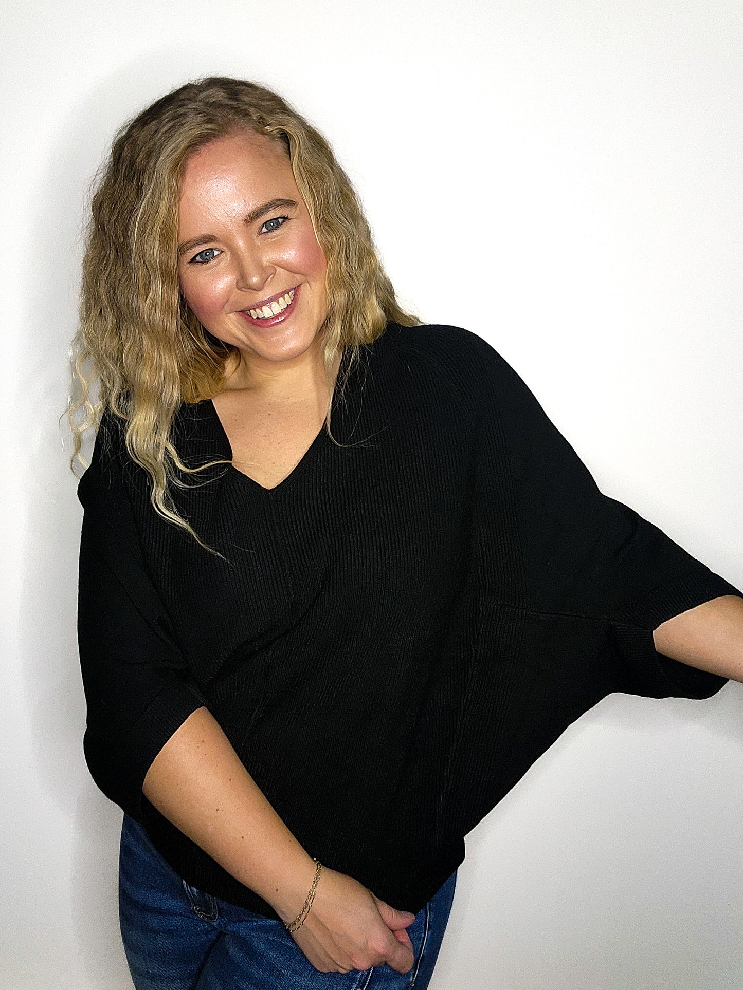 Black Soft Elbow Sleeve Mixed Texture V-Neck Dolman Sweater