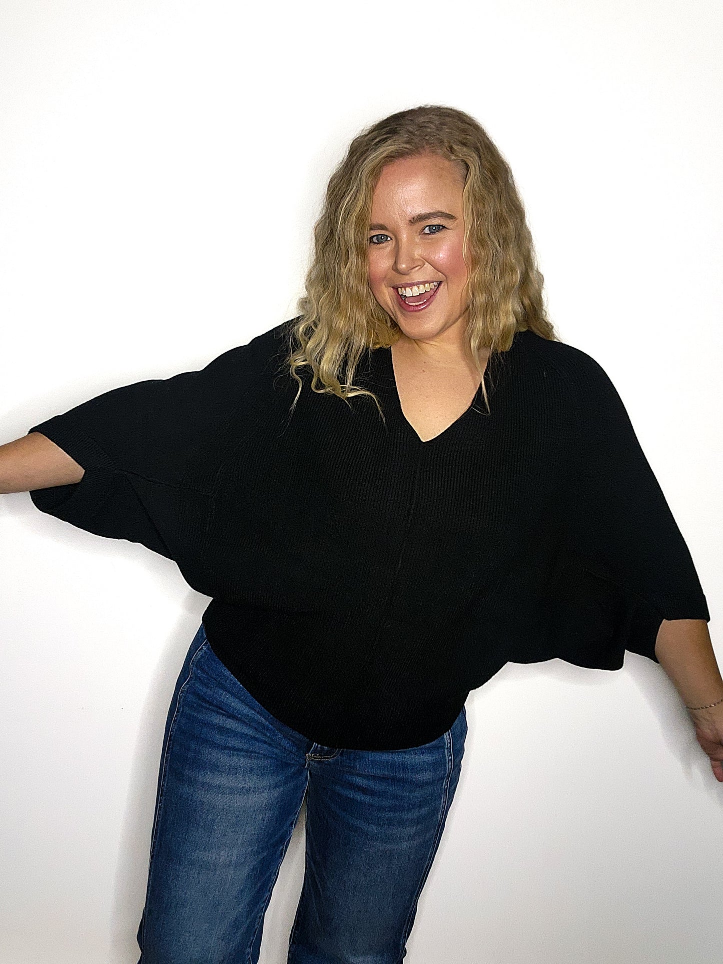 Black Soft Elbow Sleeve Mixed Texture V-Neck Dolman Sweater