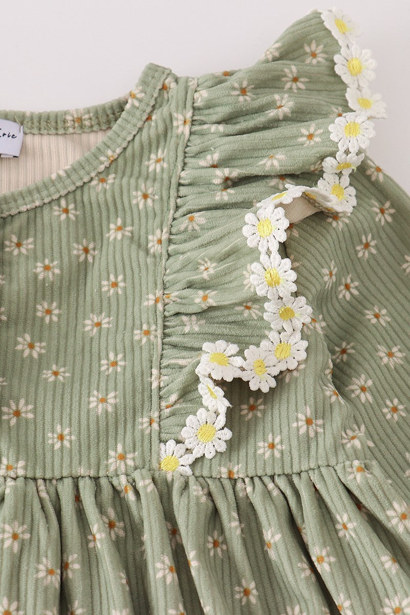 Green Corduroy Floral Lace Ruffle Dress (Sizes 2-5)