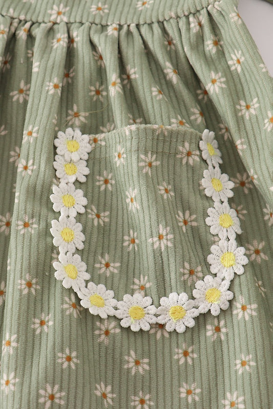 Green Corduroy Floral Lace Ruffle Dress (Sizes 2-5)