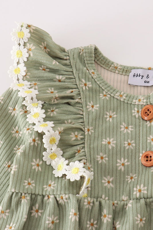Green Corduroy Floral Lace Ruffle Bubble (Sizes 3M-12M)