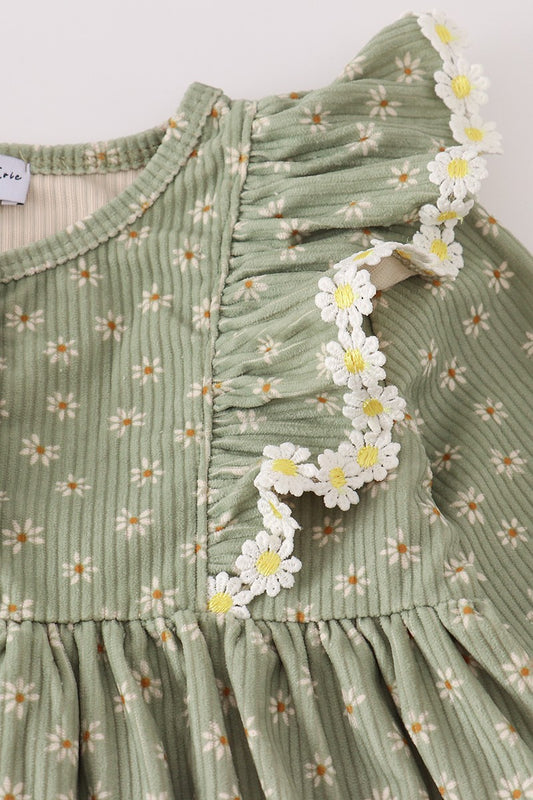 Green Corduroy Floral Lace Ruffle Pants Set (Sizes 2-6)