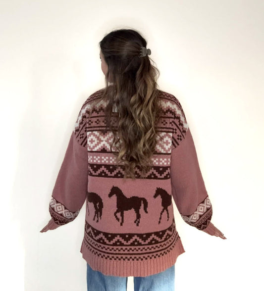 Mauve Western Graphic Oversized Knit Sweater Top