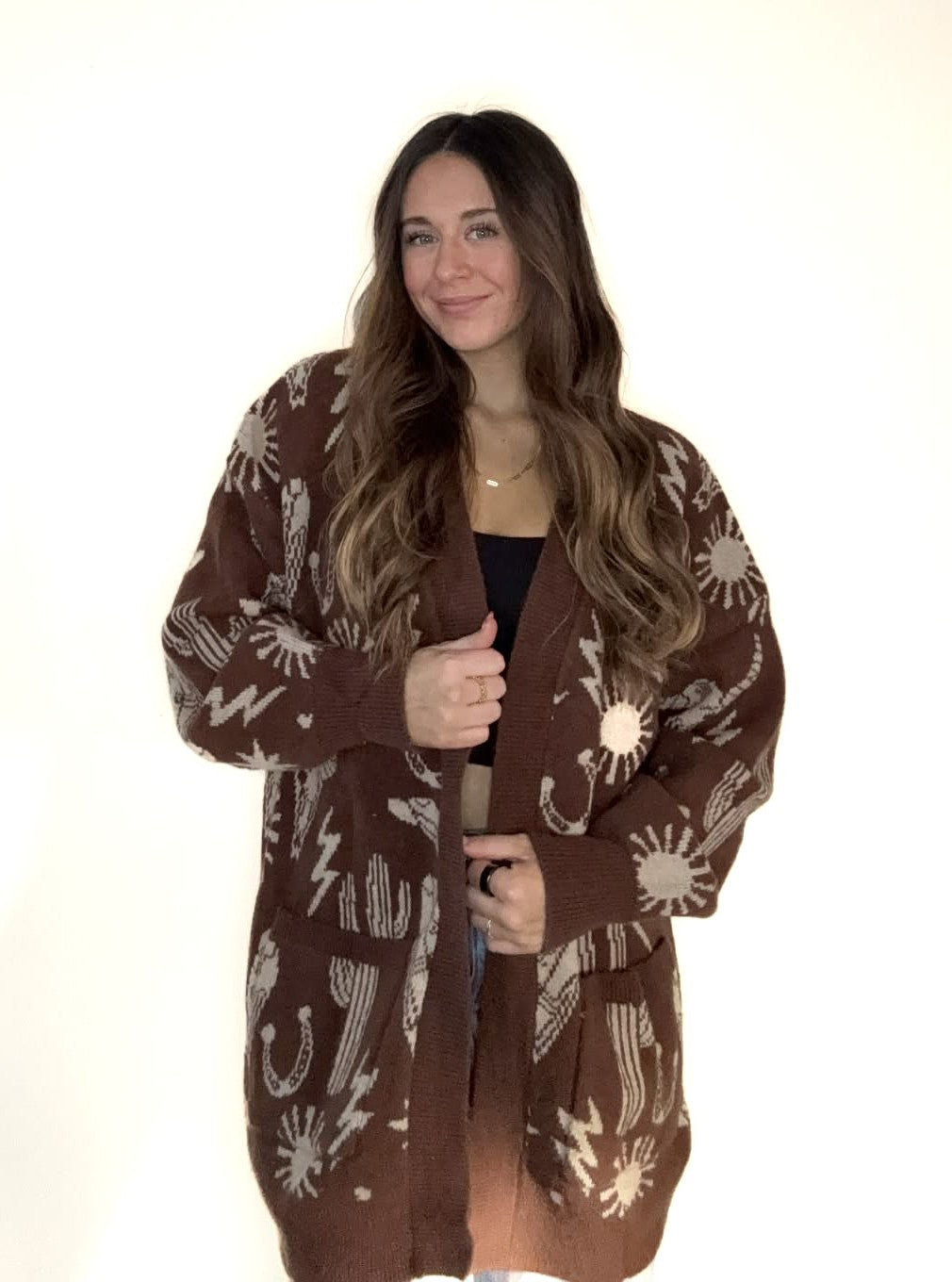 Chocolate Oversized Western Graphic Knit Sweater Cardigan