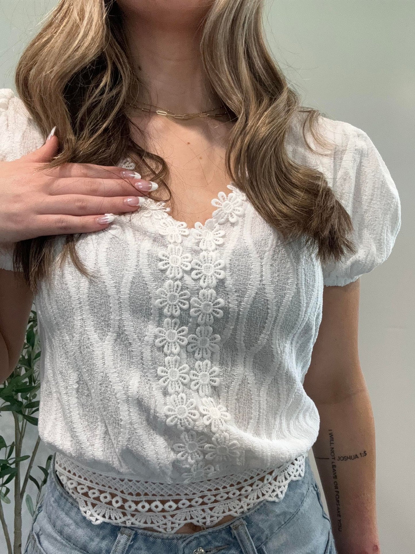 White Floral Lace Trim Back Tie V Neck Blouse